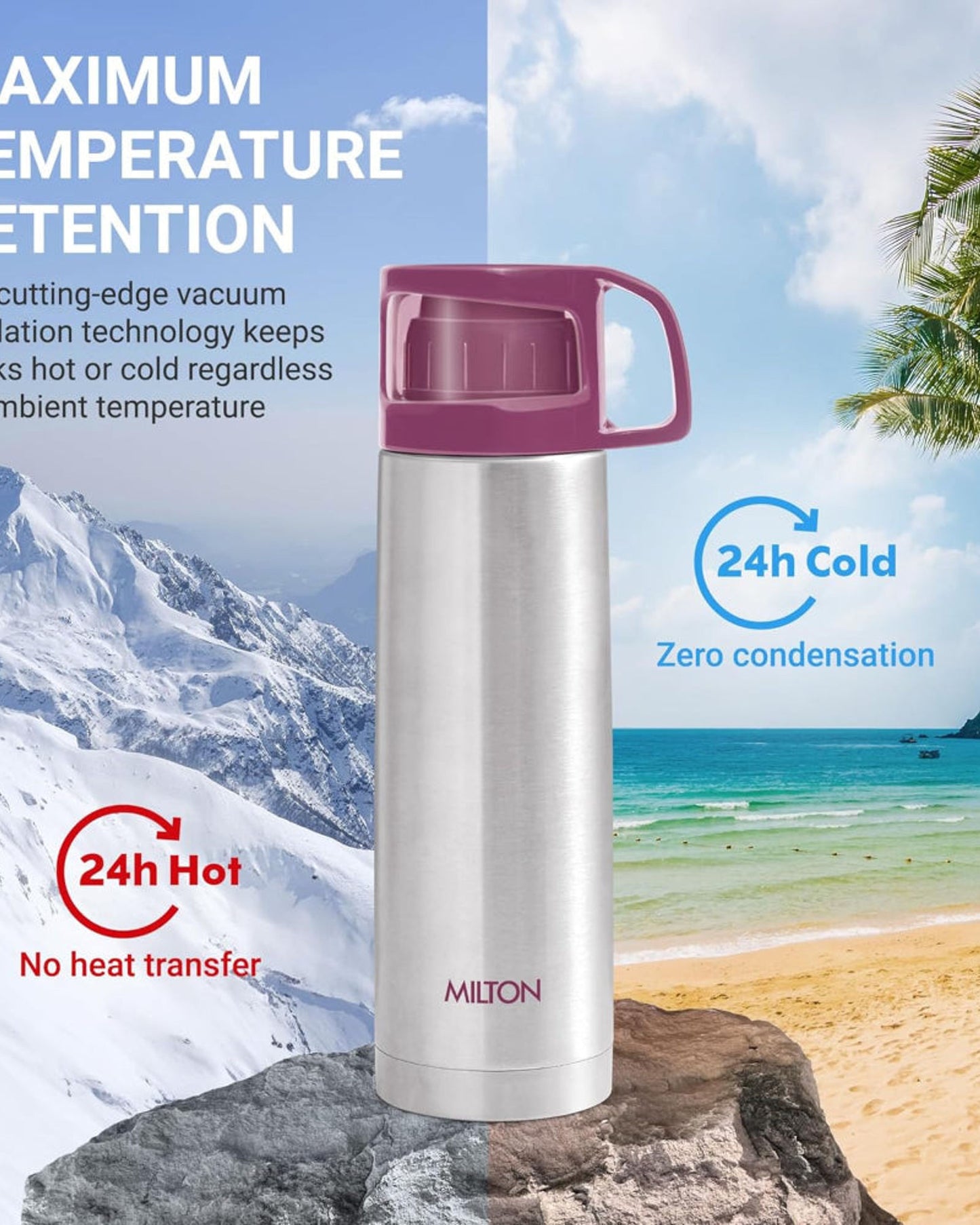 Milton Glassy 1000 Thermosteel Bottle – 1 Litre, Purple | 24-Hour Hot & Cold Insulation | Leak-Proof | Drinking Cup Lid | For Office, Gym, Home, Kitchen, Travel, Hiking & Trekking