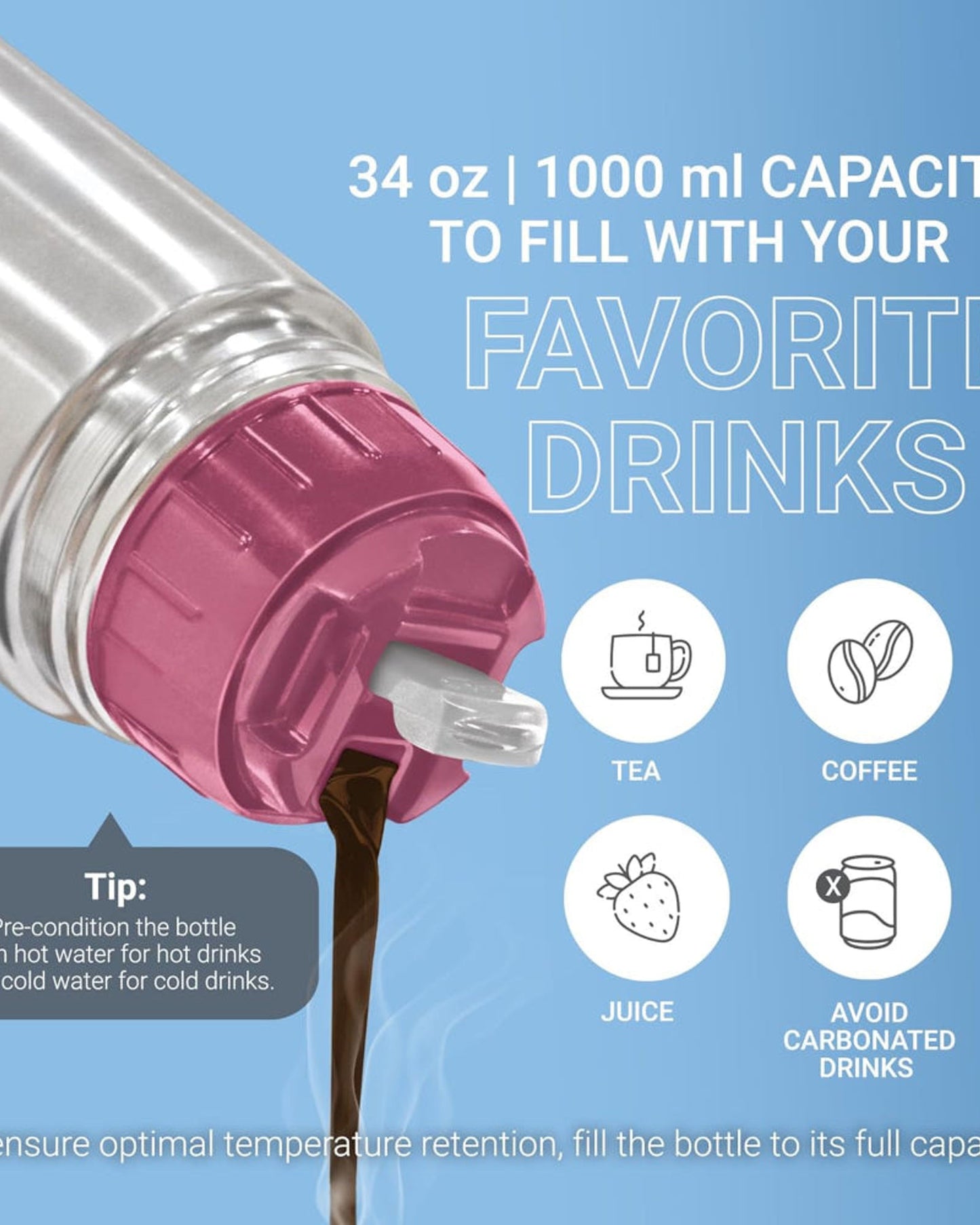 Milton Glassy 1000 Thermosteel Bottle – 1 Litre, Purple | 24-Hour Hot & Cold Insulation | Leak-Proof | Drinking Cup Lid | For Office, Gym, Home, Kitchen, Travel, Hiking & Trekking