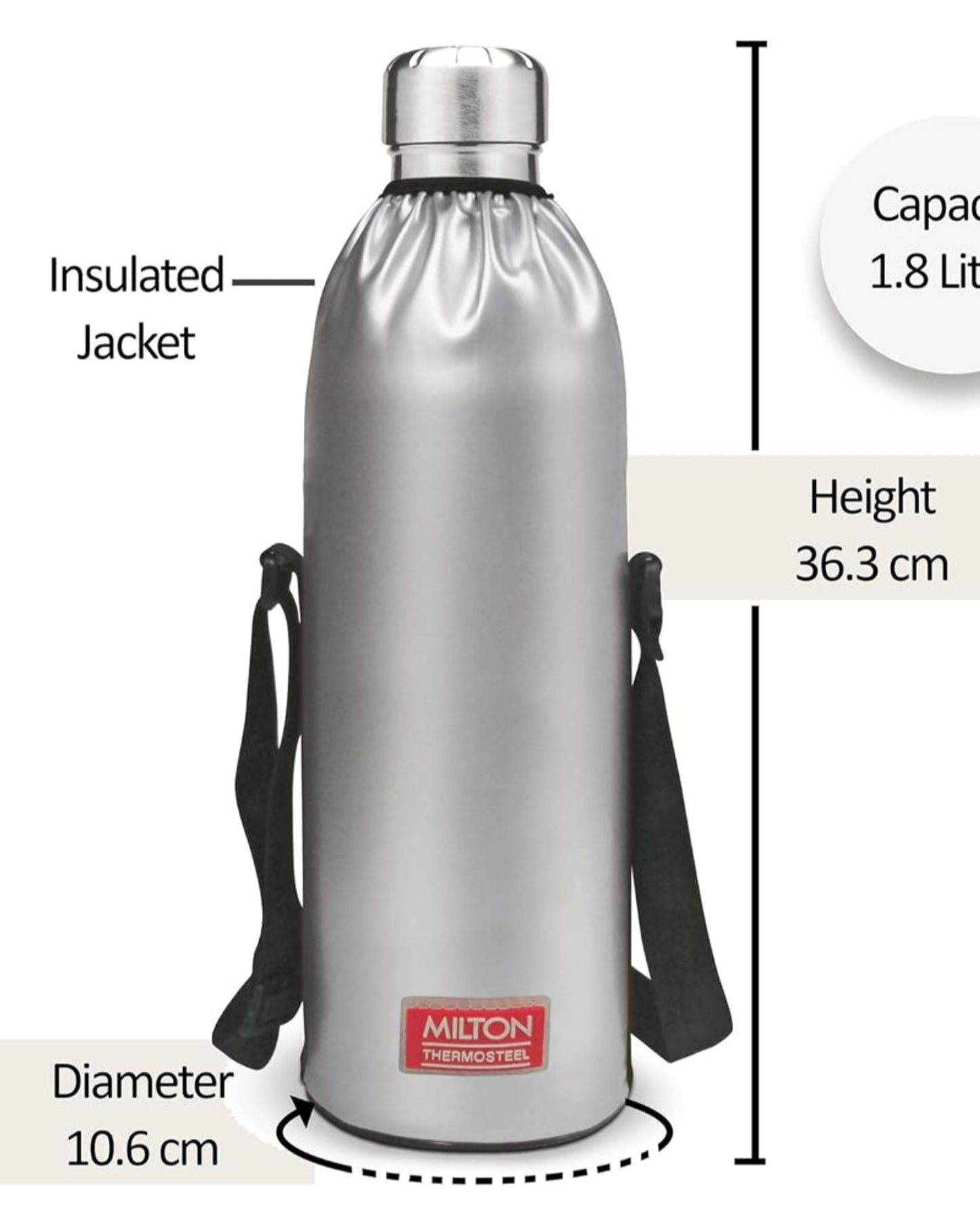 Milton 1800Ml Vacuum Insulated Water Bottle With Jacket, 18/8 Stainless Steel, Keeps Drinks Hot And Cold For 24 Hours, Double-Walled Thermos Flask With Inner Copper Coating - Duo Dlx - Silver