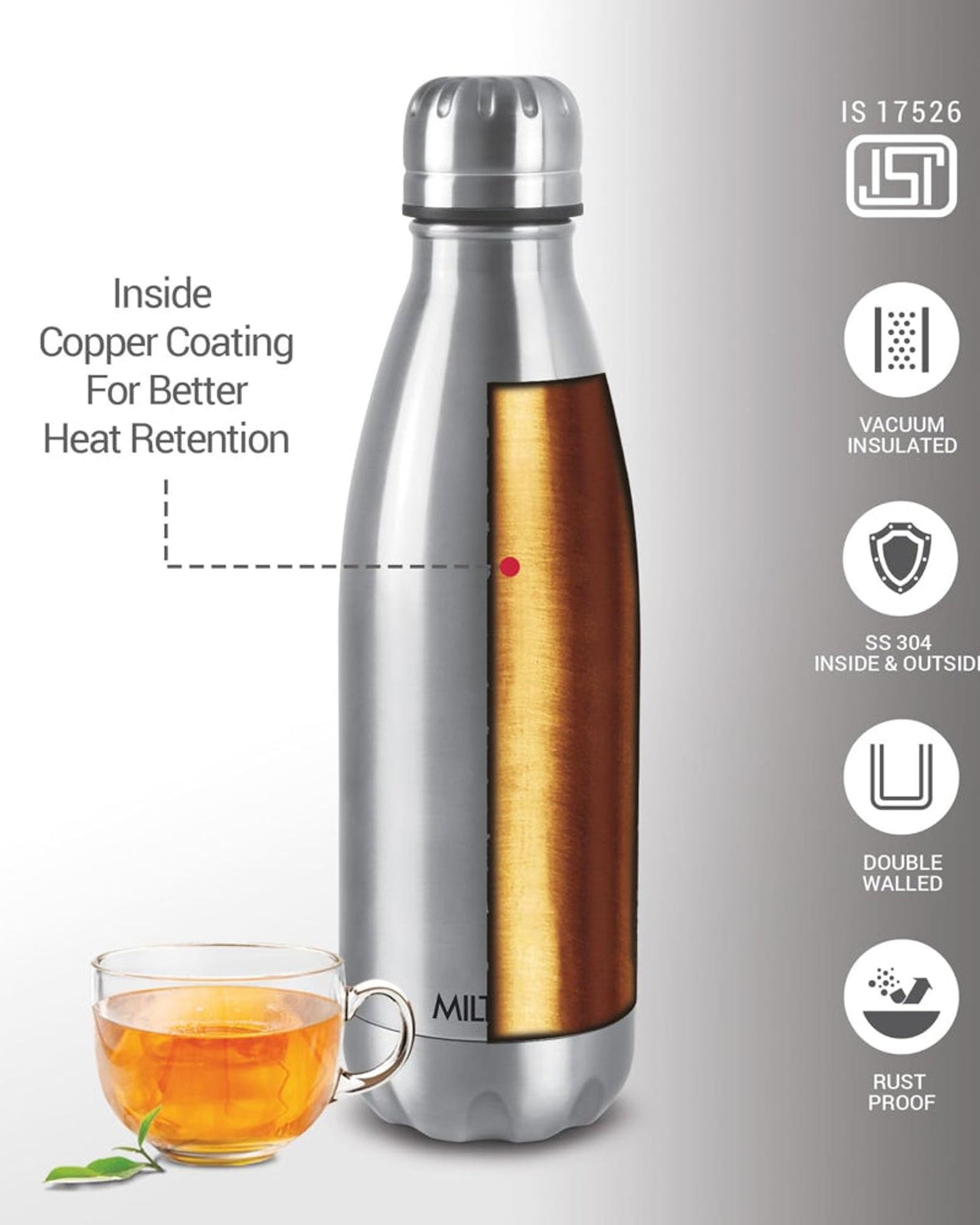 Milton 1800Ml Vacuum Insulated Water Bottle With Jacket, 18/8 Stainless Steel, Keeps Drinks Hot And Cold For 24 Hours, Double-Walled Thermos Flask With Inner Copper Coating - Duo Dlx - Silver
