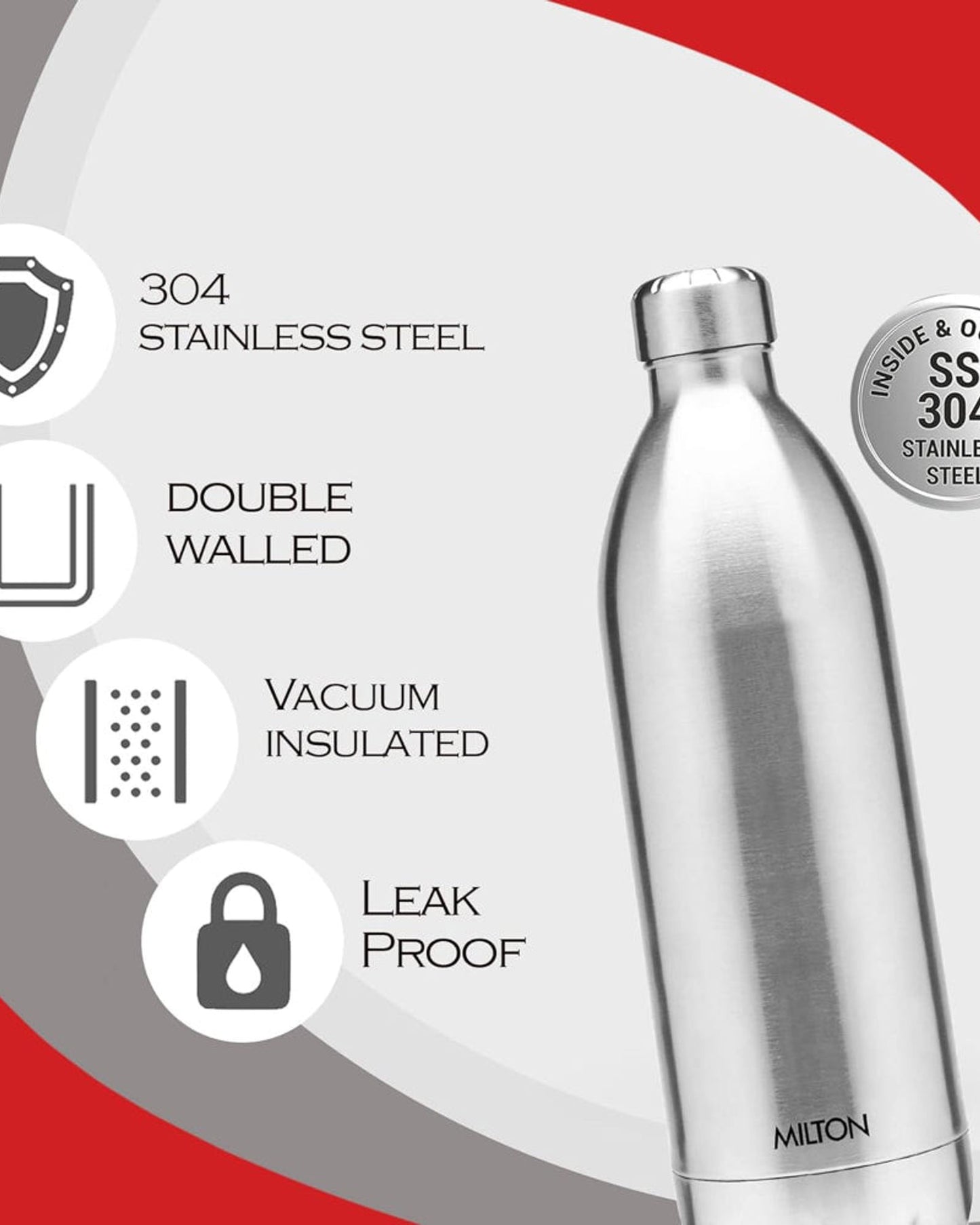 Milton 1800Ml Vacuum Insulated Water Bottle With Jacket, 18/8 Stainless Steel, Keeps Drinks Hot And Cold For 24 Hours, Double-Walled Thermos Flask With Inner Copper Coating - Duo Dlx - Silver