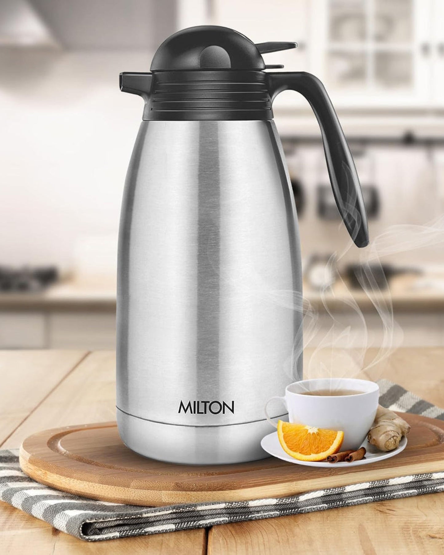 Milton 2000Ml Vacuum Insulated Tea/Coffee Pot With Press Lid, Keeps Drinks Hot And Cold For 24 Hours, 18/8 Stainless Steel Carafe, Double-Walled Flask With Inner Copper Coating - Classic - Silver