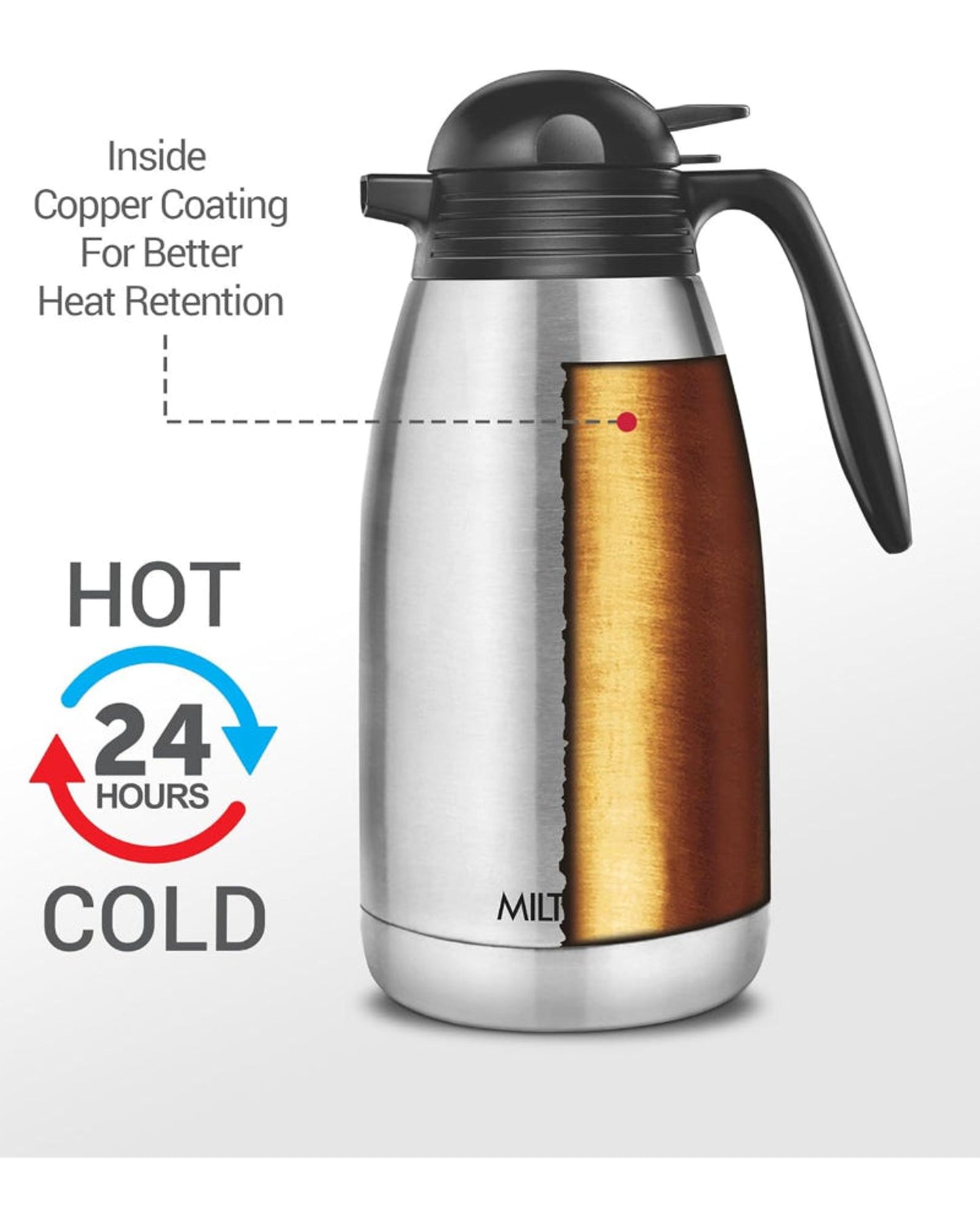 Milton 2000Ml Vacuum Insulated Tea/Coffee Pot With Press Lid, Keeps Drinks Hot And Cold For 24 Hours, 18/8 Stainless Steel Carafe, Double-Walled Flask With Inner Copper Coating - Classic - Silver