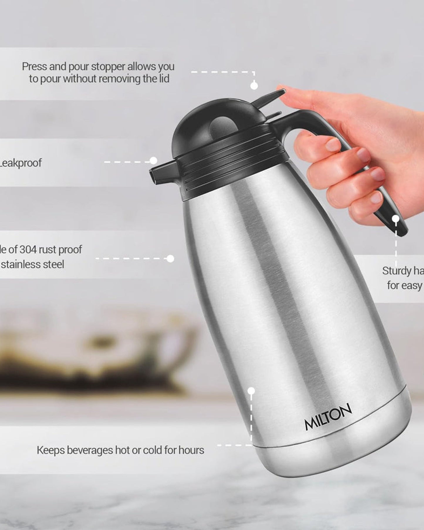 Milton 2000Ml Vacuum Insulated Tea/Coffee Pot With Press Lid, Keeps Drinks Hot And Cold For 24 Hours, 18/8 Stainless Steel Carafe, Double-Walled Flask With Inner Copper Coating - Classic - Silver