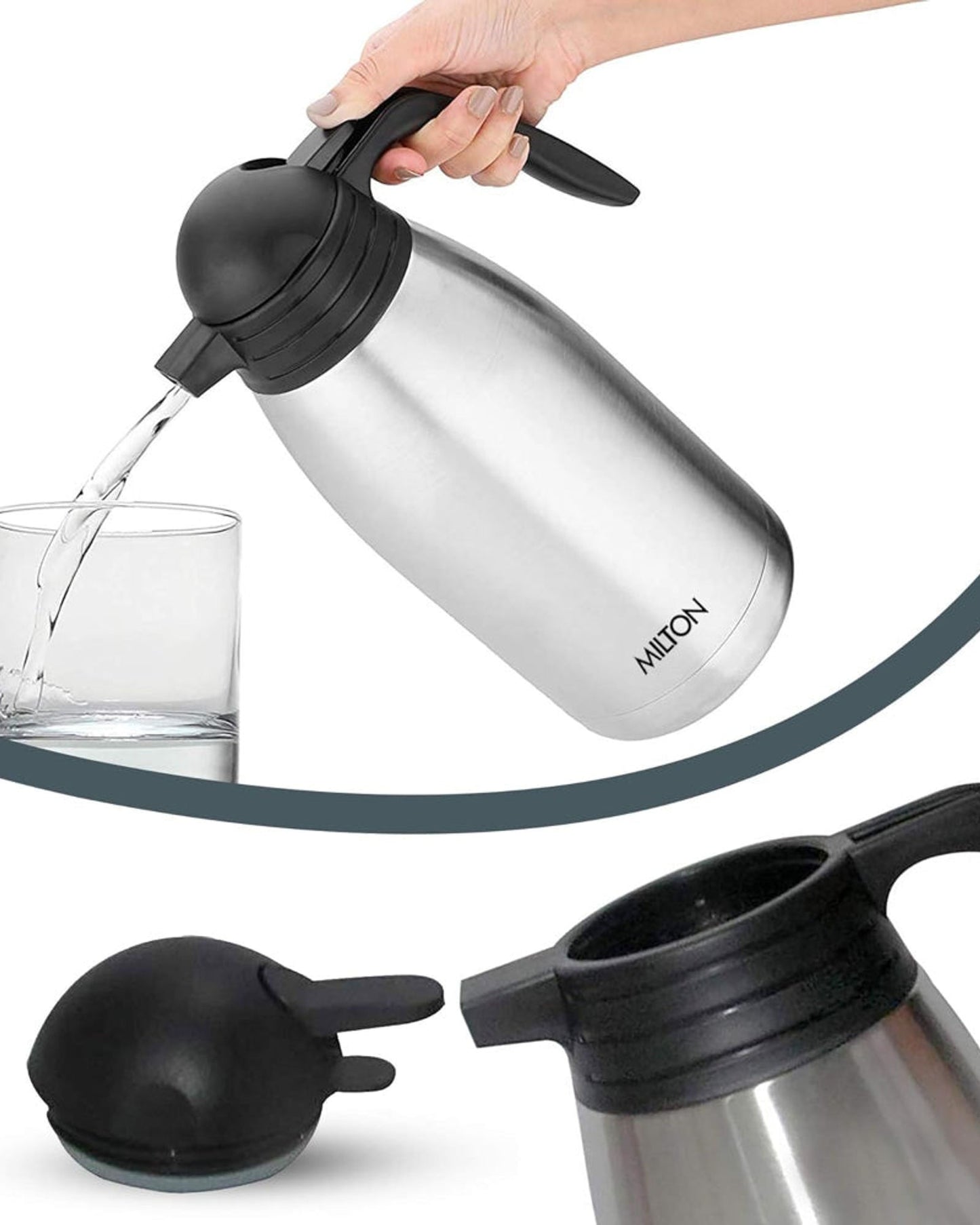 Milton 2000Ml Vacuum Insulated Tea/Coffee Pot With Press Lid, Keeps Drinks Hot And Cold For 24 Hours, 18/8 Stainless Steel Carafe, Double-Walled Flask With Inner Copper Coating - Classic - Silver