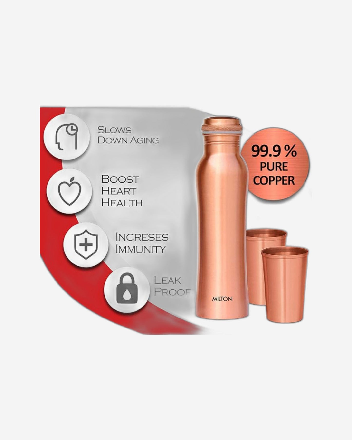 Milton Copperas Gift Set Of 1 Bottle, 950Ml With 2 Pc Tumbler, 100% Pure Copper, Bpa Free, Leak Proof, Office Bottle, Boosts Immunity, Supports Digestive & Liver Health, Ayurveda Inspired