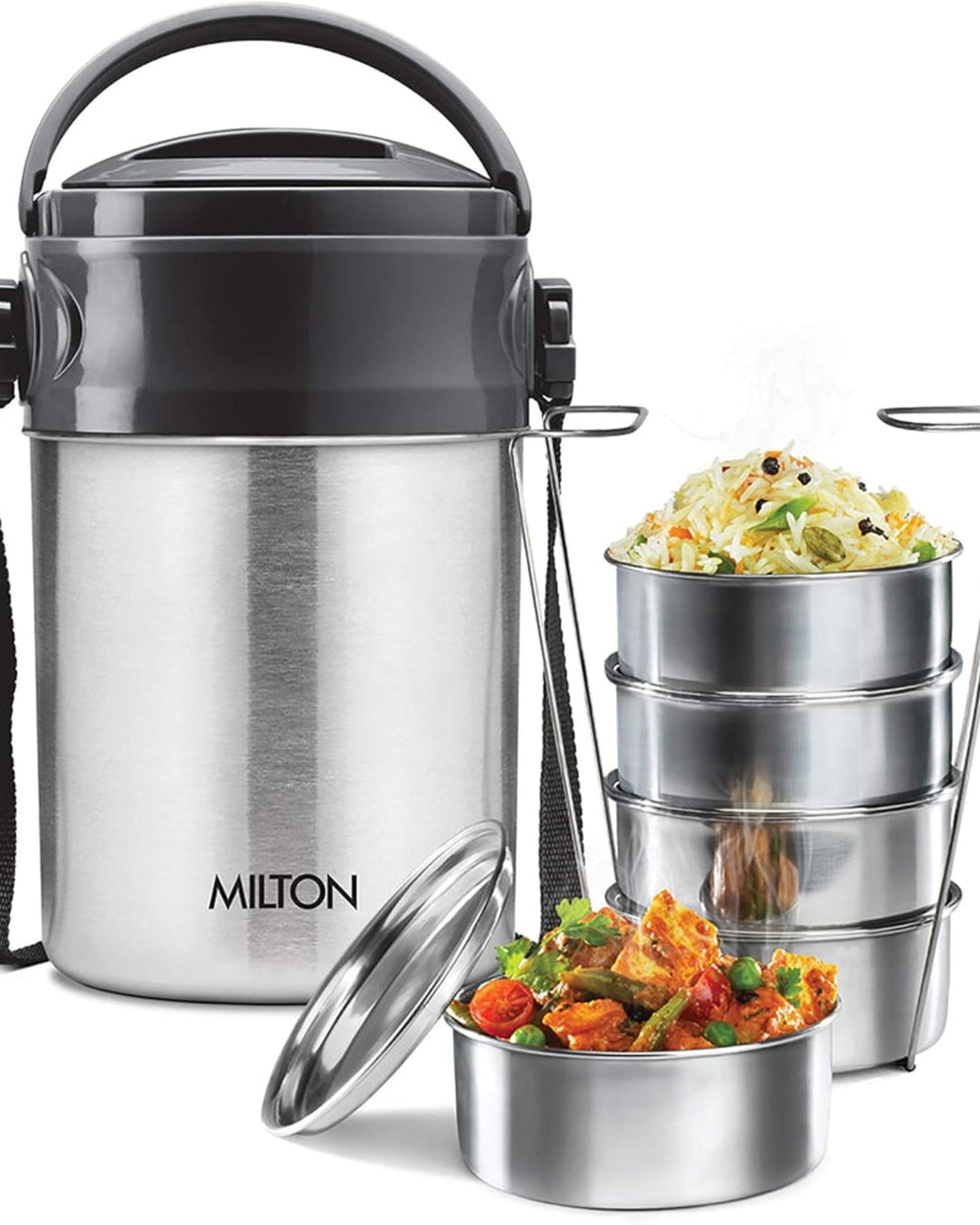 Milton Steel On 5 Tier Insulated Stainless Steel Tiffin 5 Stackable Compartment Lunch Box 360Ml Each With Handle, Silver