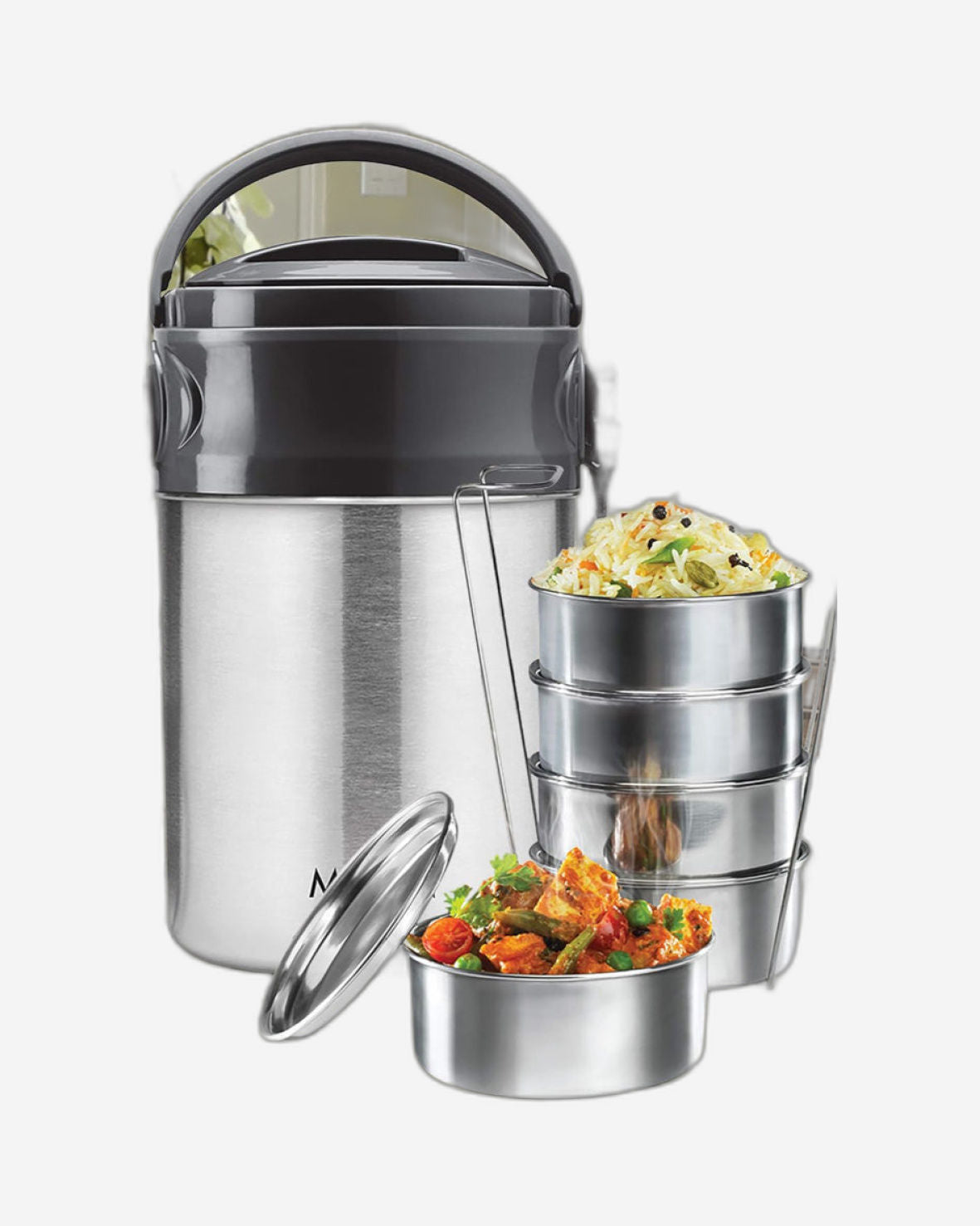 Milton Steel On 5 Tier Insulated Stainless Steel Tiffin 5 Stackable Compartment Lunch Box 360Ml Each With Handle, Silver