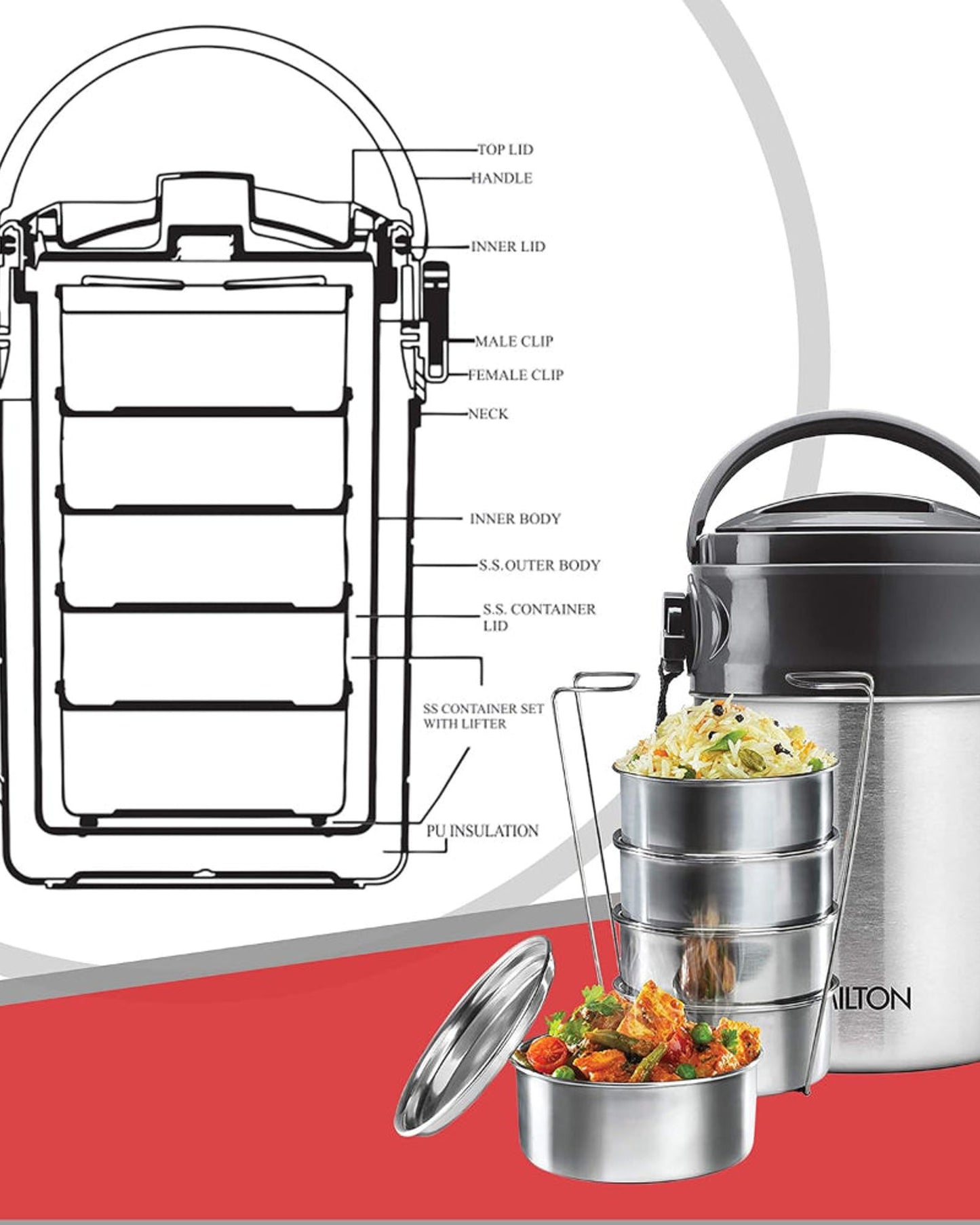 Milton Steel On 5 Tier Insulated Stainless Steel Tiffin 5 Stackable Compartment Lunch Box 360Ml Each With Handle, Silver