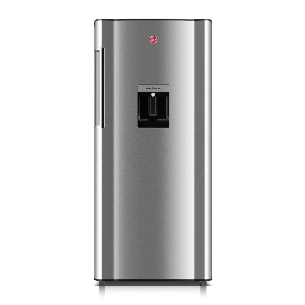 Hoover 195L Single Door Refrigerator With Water dispenser , Curved door design , Chiller Compartment, LED Lighting, Glass Shelves 1 Year Manufacturer Inox Finish – HSD-K195-S