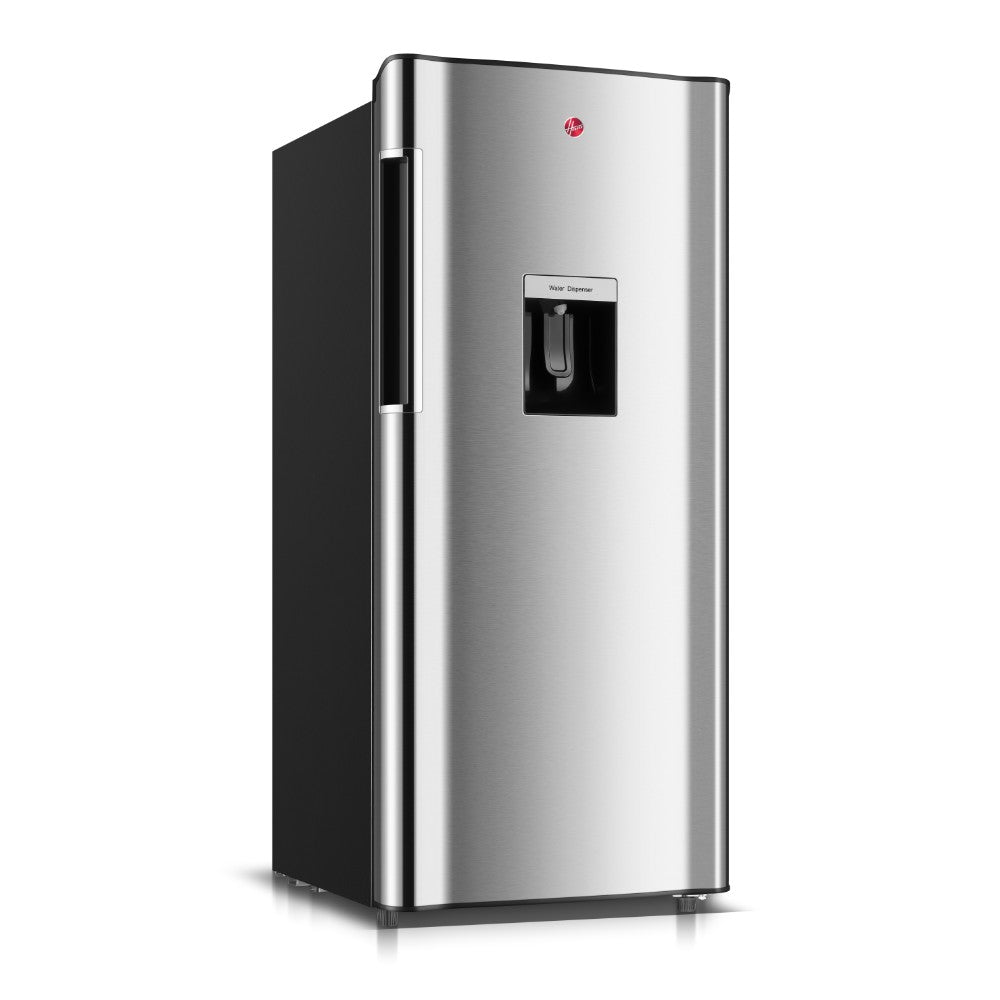 Hoover 195L Single Door Refrigerator With Water dispenser , Curved door design , Chiller Compartment, LED Lighting, Glass Shelves 1 Year Manufacturer Inox Finish – HSD-K195-S