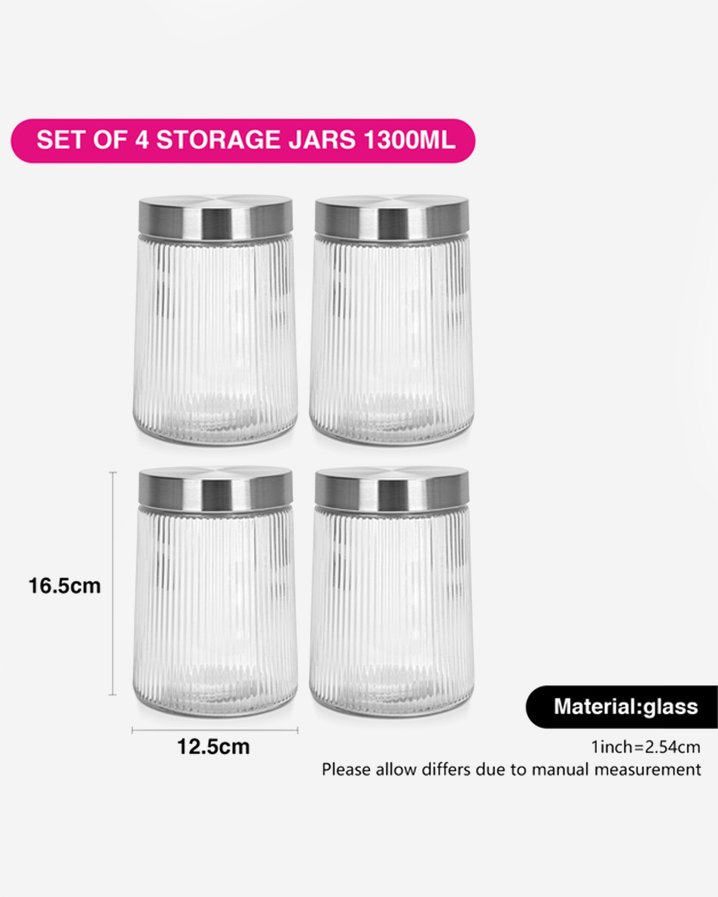 Fissman Glass Food Storage Jars 1300ml 4 Piece