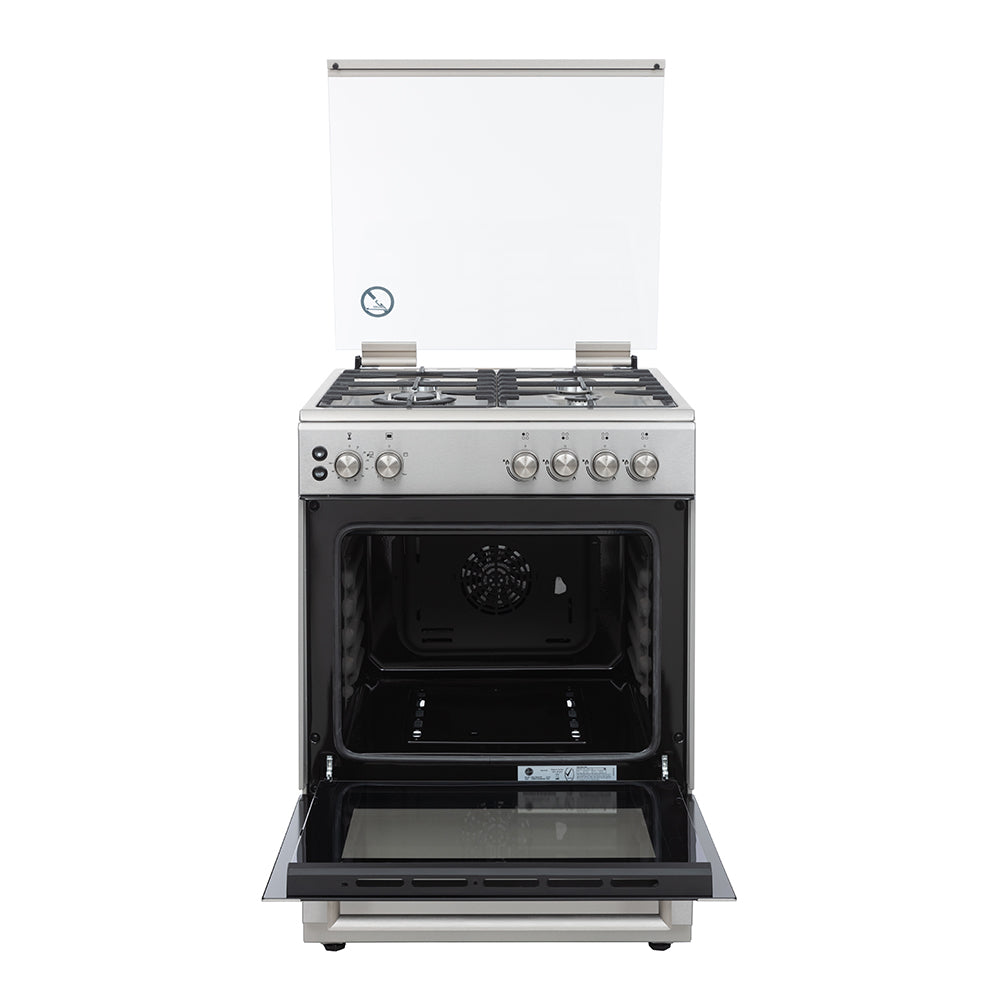 Hoover 60x60 Gas Cooker - 4 Burners, Full Gas Oven & Grill, Rotisserie, Auto Ignition, Cast Iron Pan Support, Safety Features, Stainless Steel, 1-Year Warranty, Made in Turkey