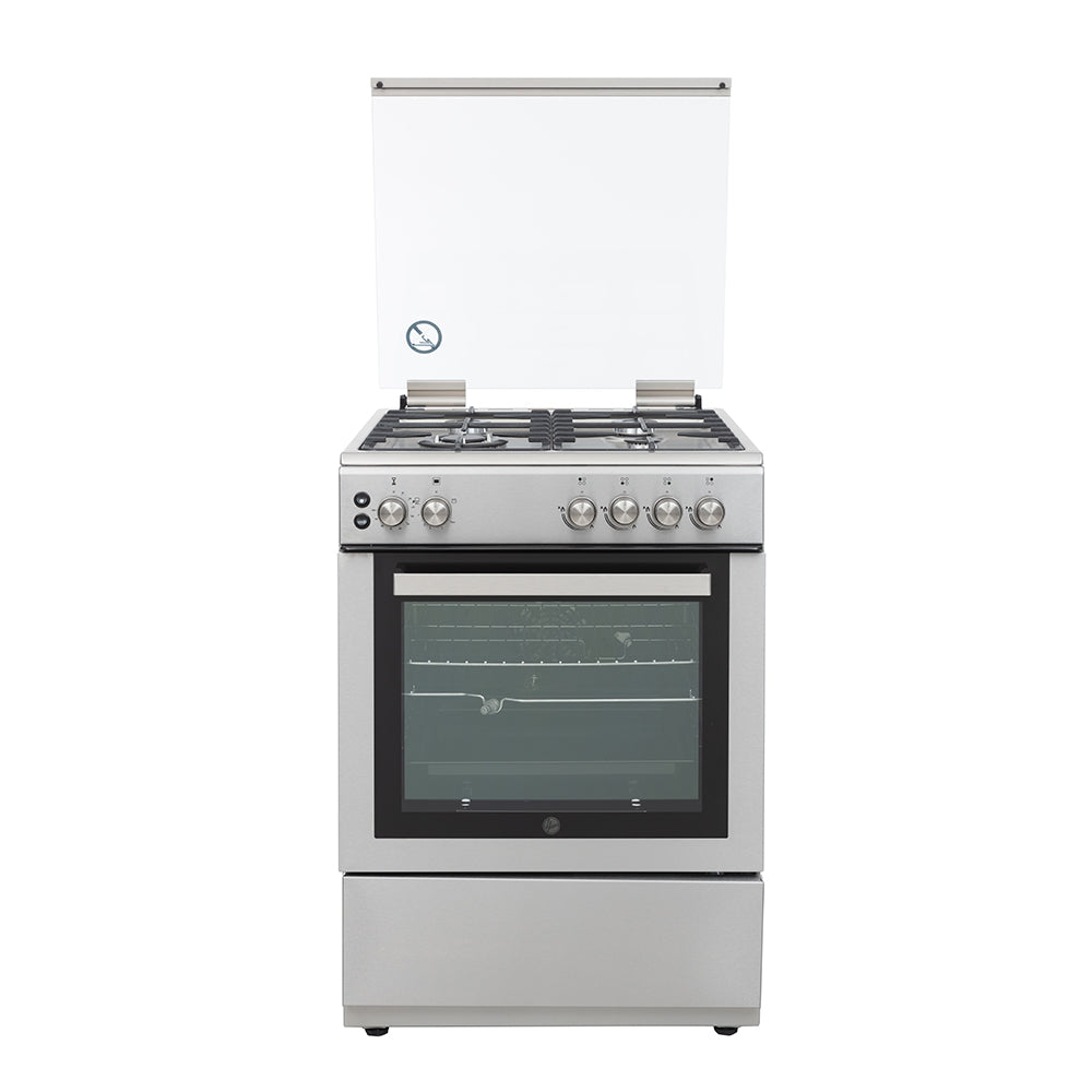 Hoover 60x60 Gas Cooker - 4 Burners, Full Gas Oven & Grill, Rotisserie, Auto Ignition, Cast Iron Pan Support, Safety Features, Stainless Steel, 1-Year Warranty, Made in Turkey
