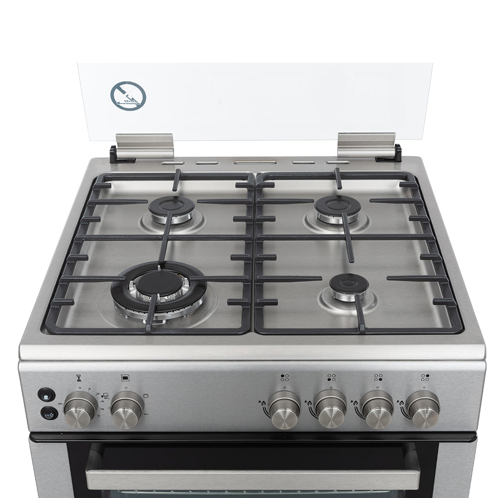 Hoover 60x60 Gas Cooker - 4 Burners, Full Gas Oven & Grill, Rotisserie, Auto Ignition, Cast Iron Pan Support, Safety Features, Stainless Steel, 1-Year Warranty, Made in Turkey