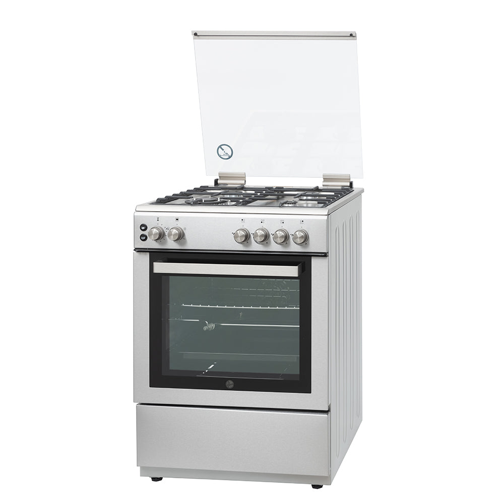Hoover 60x60 Gas Cooker - 4 Burners, Full Gas Oven & Grill, Rotisserie, Auto Ignition, Cast Iron Pan Support, Safety Features, Stainless Steel, 1-Year Warranty, Made in Turkey