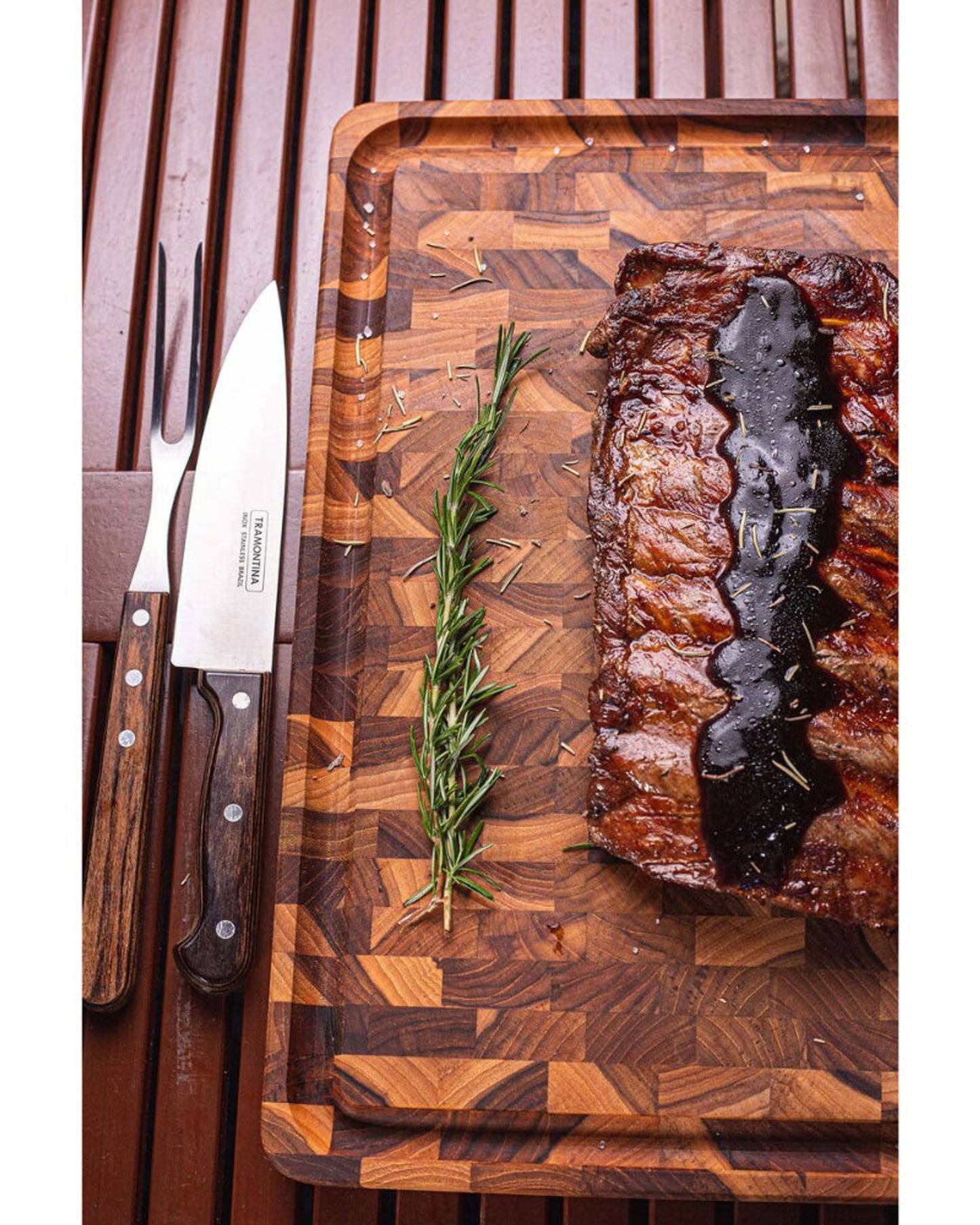 Tramontina Rectangular Cube End Grain Barbecue Board in Teak Wood with Mineral Oil Finish, 45x35 cm.