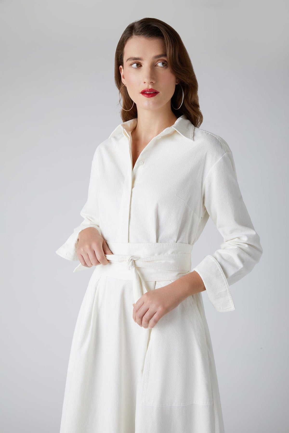Esme Cord Full Skirt Shirt Dress Winter in White
