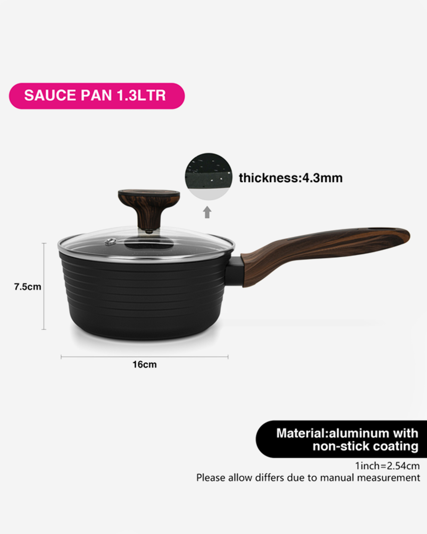 Fissman Non Stick Aluminium Sauce Pan Cuisine 16×7.5cm / 1.3L with Glass Lid