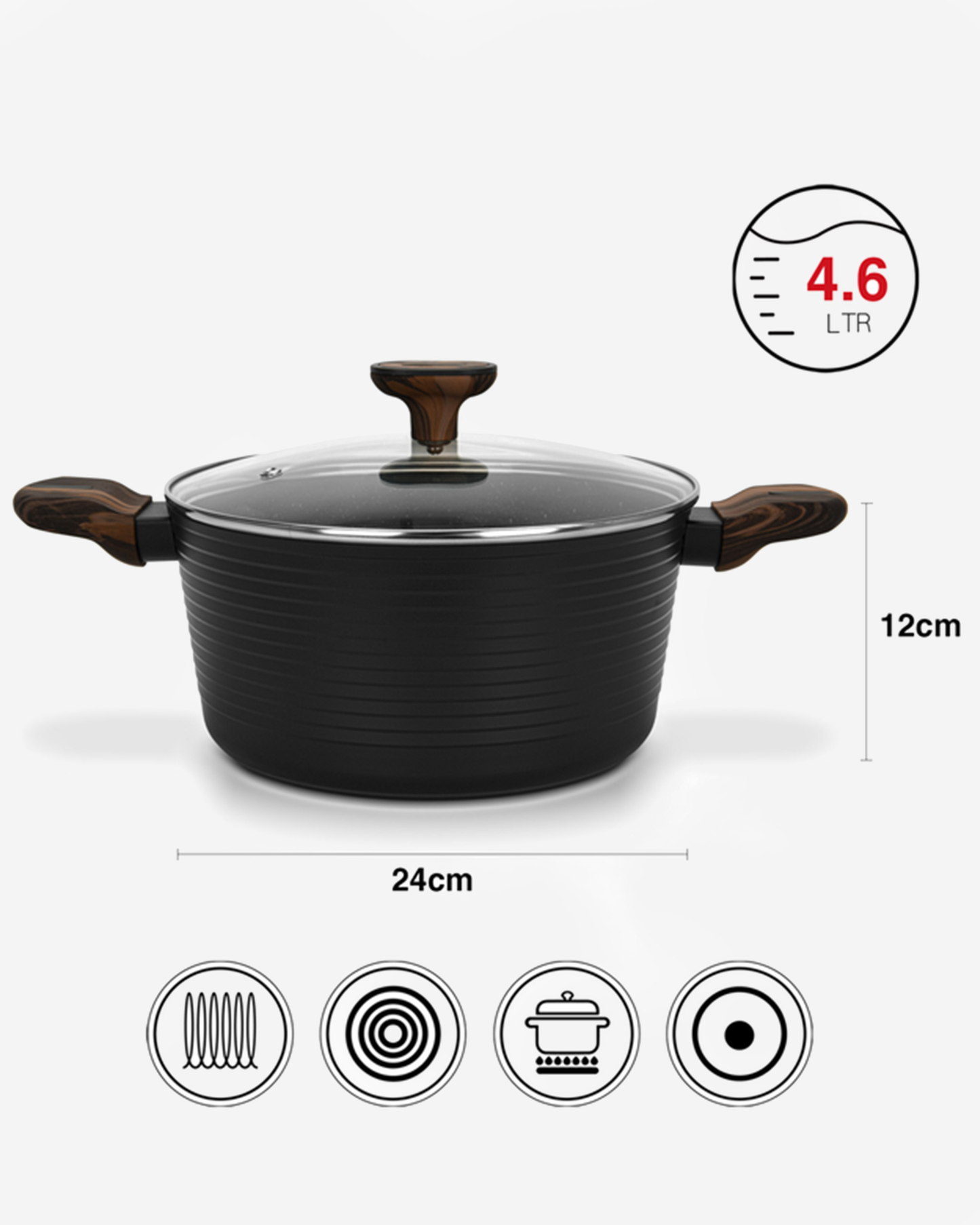 Fissman Non Stick Aluminium Stockpot Cuisine 24×12cm / 4.6L with Glass Lid