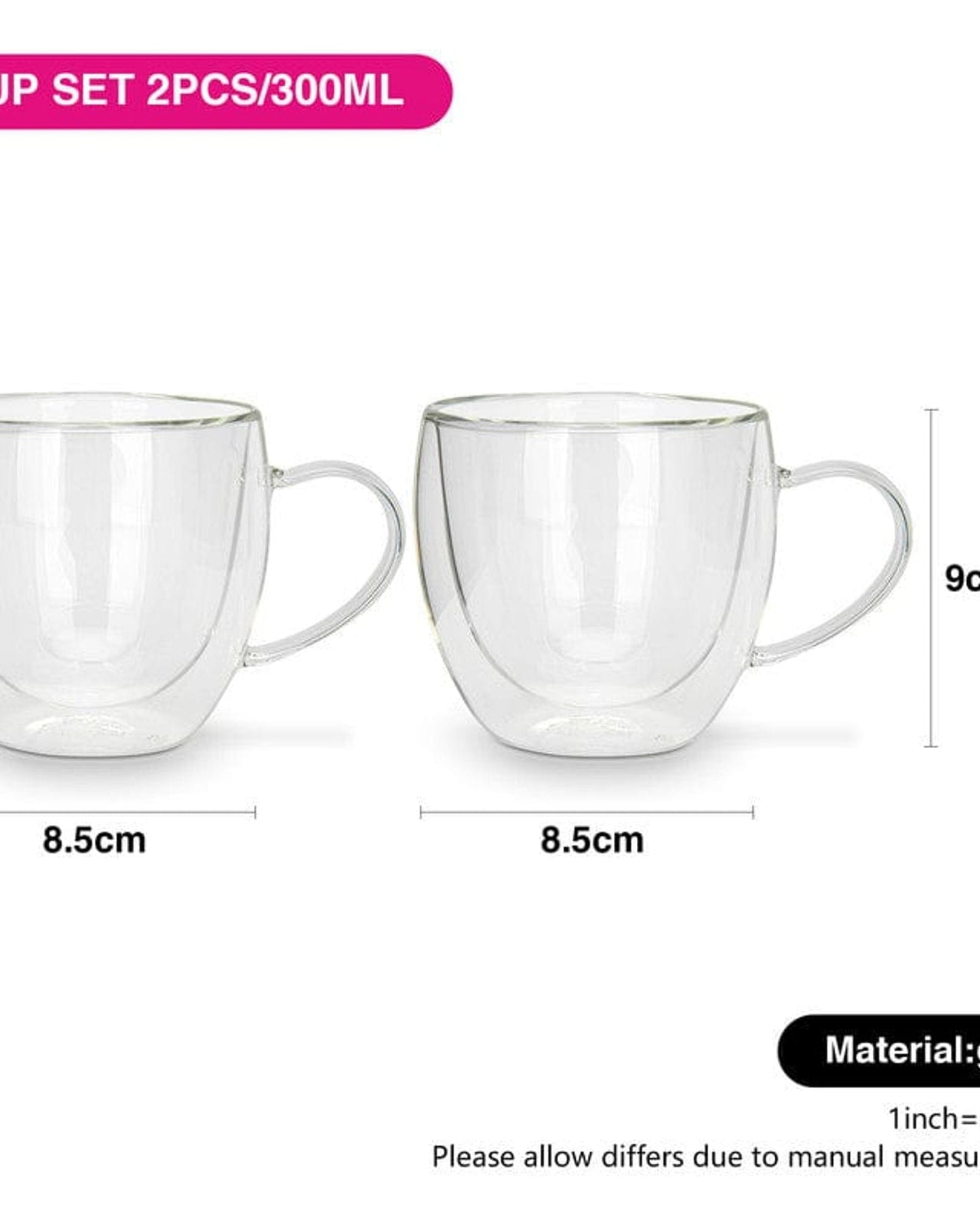 Fissman 2 Piece Double Wall Mugs 300 Ml Borosilicate Glass
