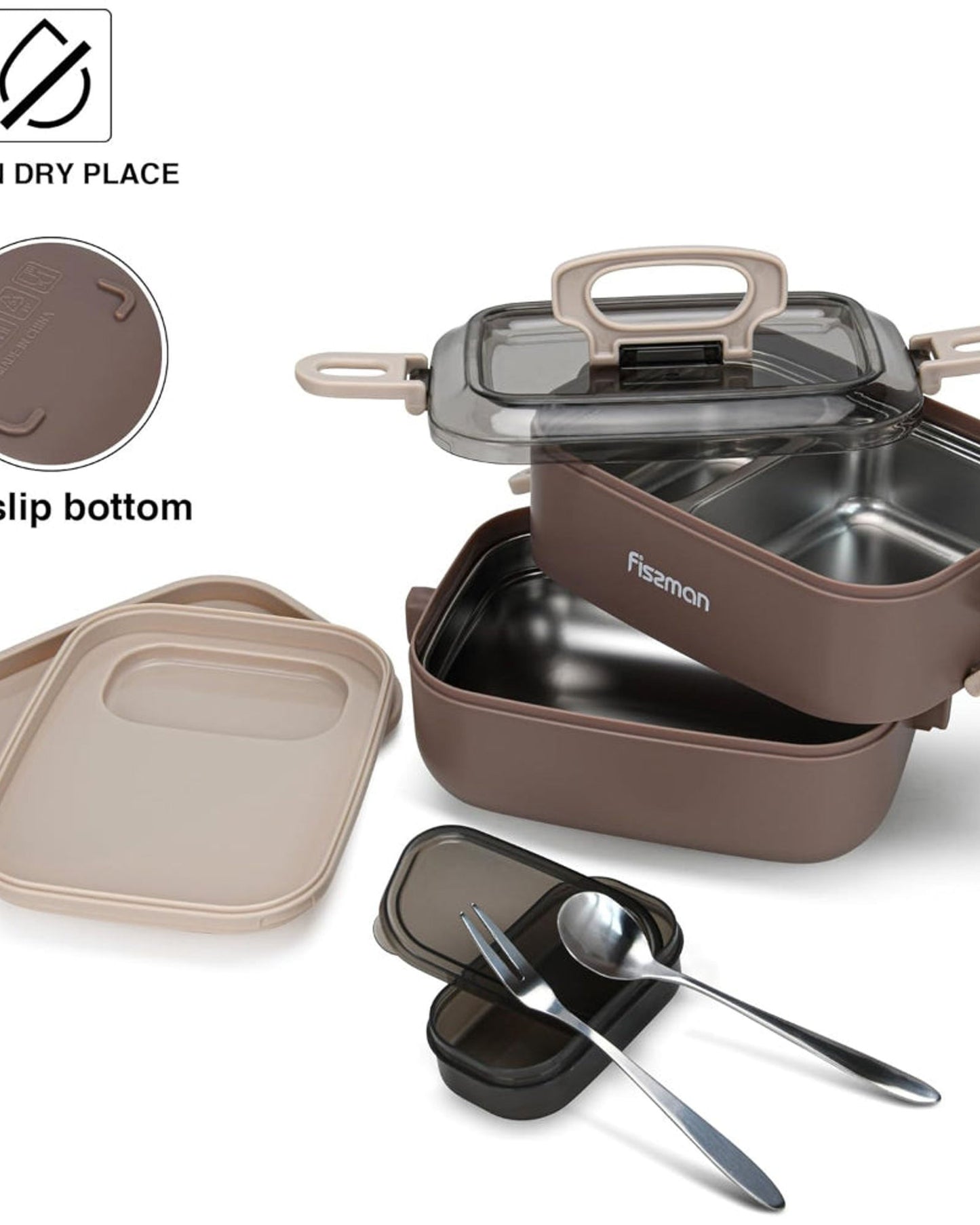 Fissman Double Deck Lunch Box 1800mL with Sauce Cup, Spoon and Fork Compartment