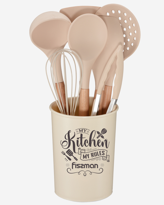 Fissman 8-Piece Kitchen Tools Set, Silicone Cooking Utensils with Holder with Beech Wood Handle