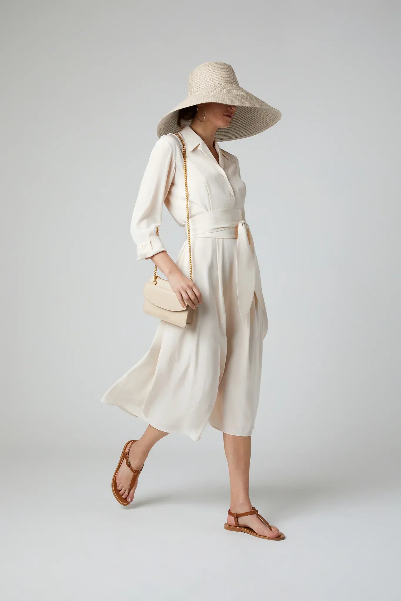 Filomena Silk Full Skirt Shirt Dress in Cream