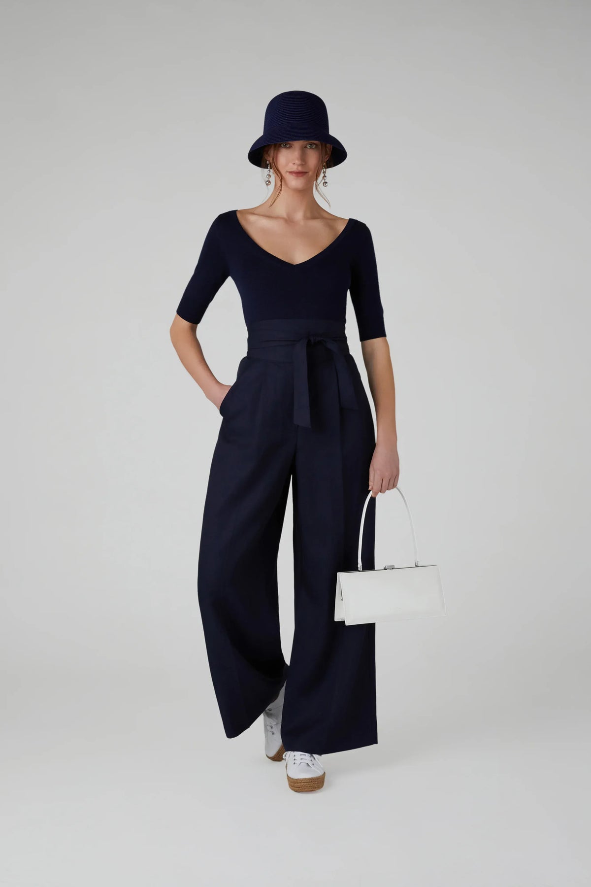 Hattie V Neck Knitted Jumper Merino Wool in Navy