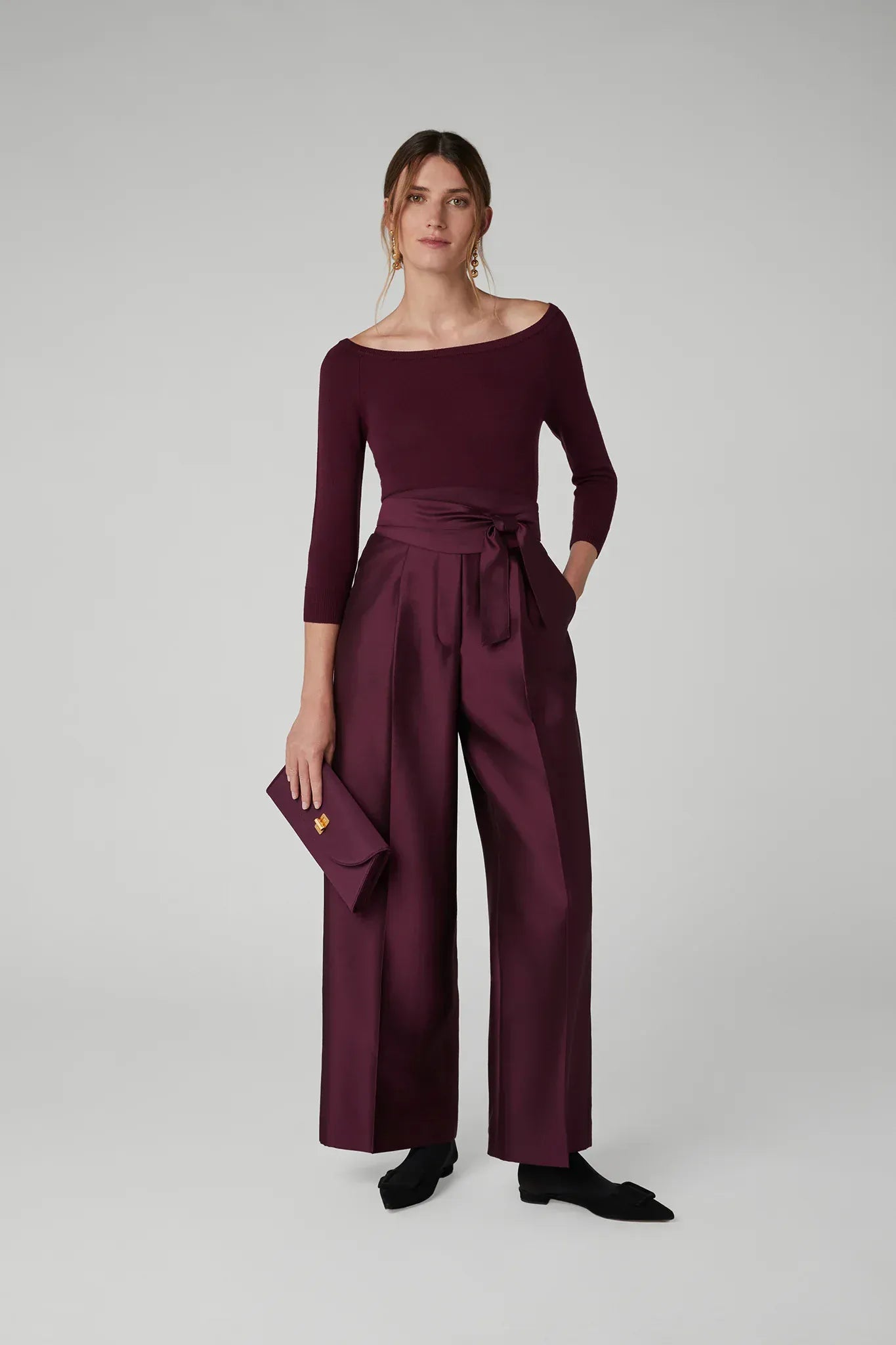 Iona Slash Neck Merino Knitted Top in Berry