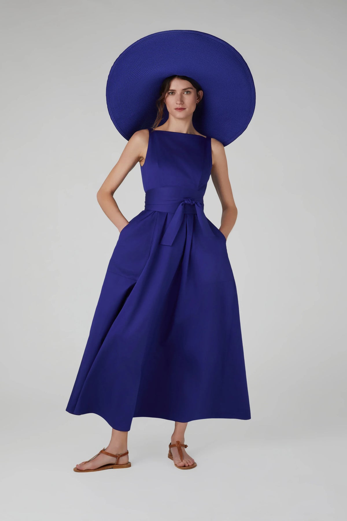 Harper Slash Neck Cotton Sleeveless Dress in Blue