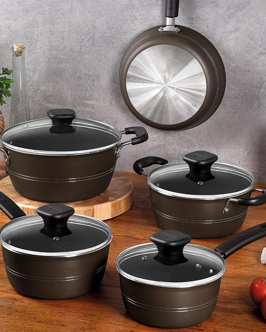 Tramontina Brazil  Sicilia 9 Pieces Hazelnut Aluminum Cookware Set with Interior and Exterior Starflon Excellent PFOA Free Nonstick Coating