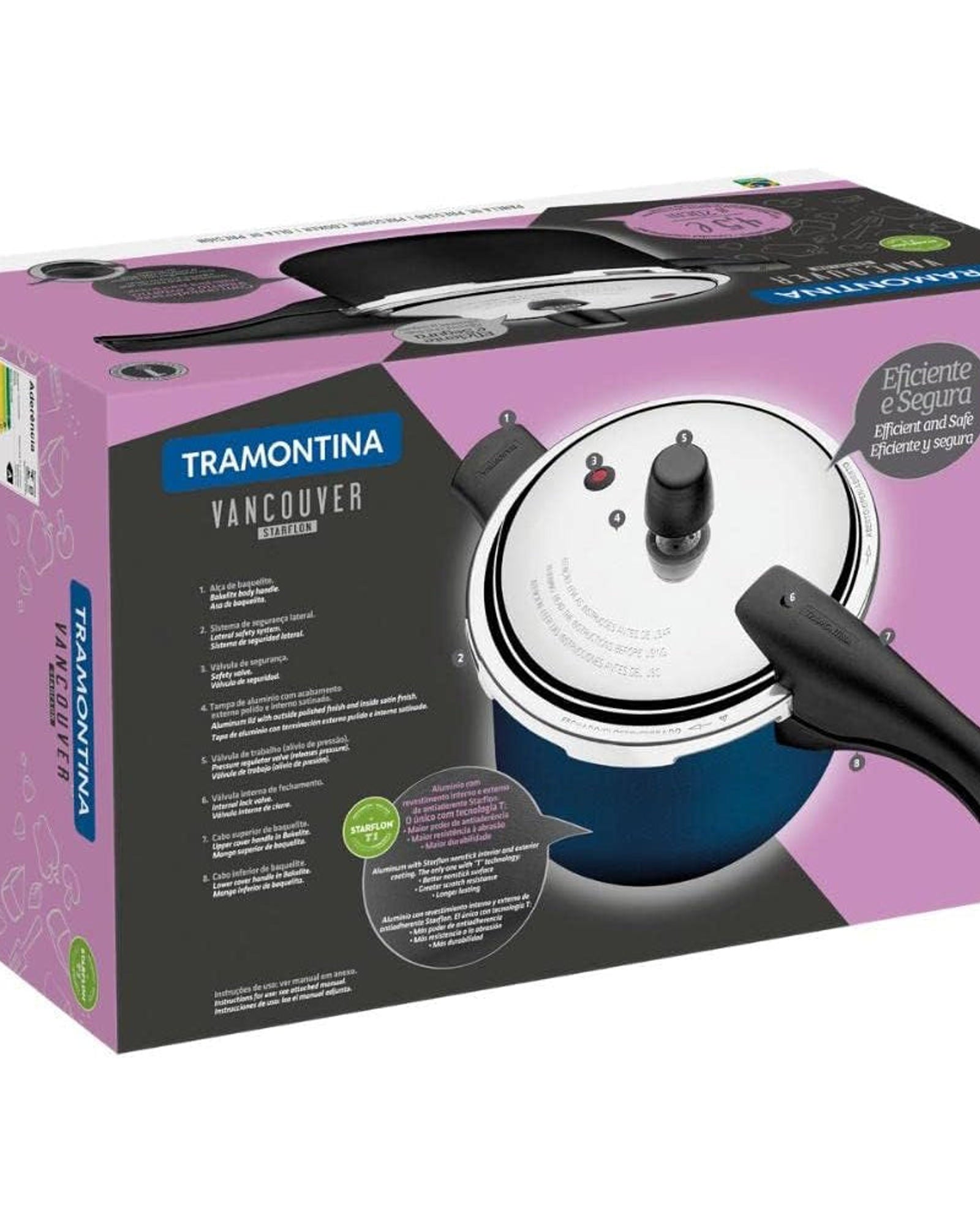 Tramontina Brazil  Vancouver 20cm 4.5L Blue Aluminum Pressure Cooker with Easy to Clean Interior and Exterior Starflon Max PFOA Free Nonstick Coating