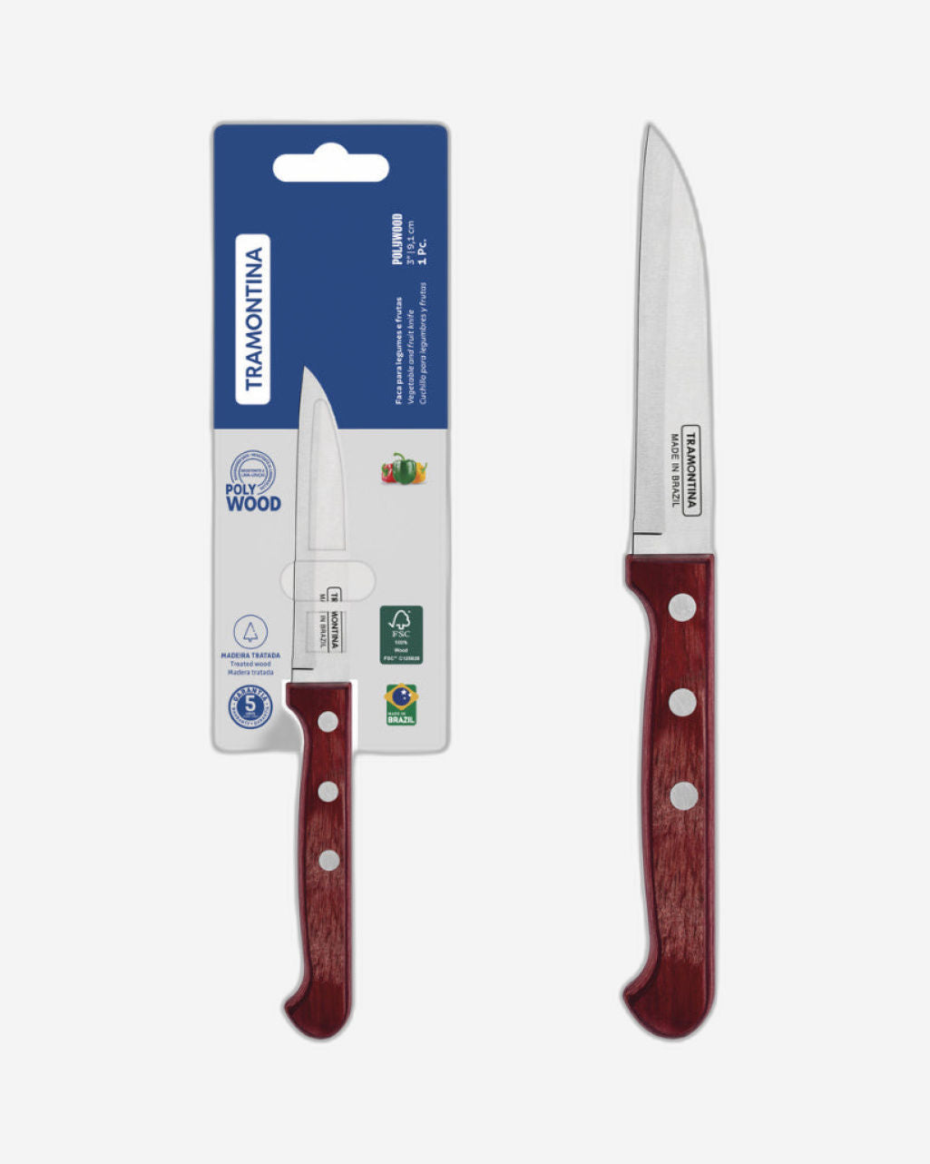 Tramontina Polywood 3" Vegetable and Fruit Knife with Stainless-Steel Blade and Red Treated Wood Handle
