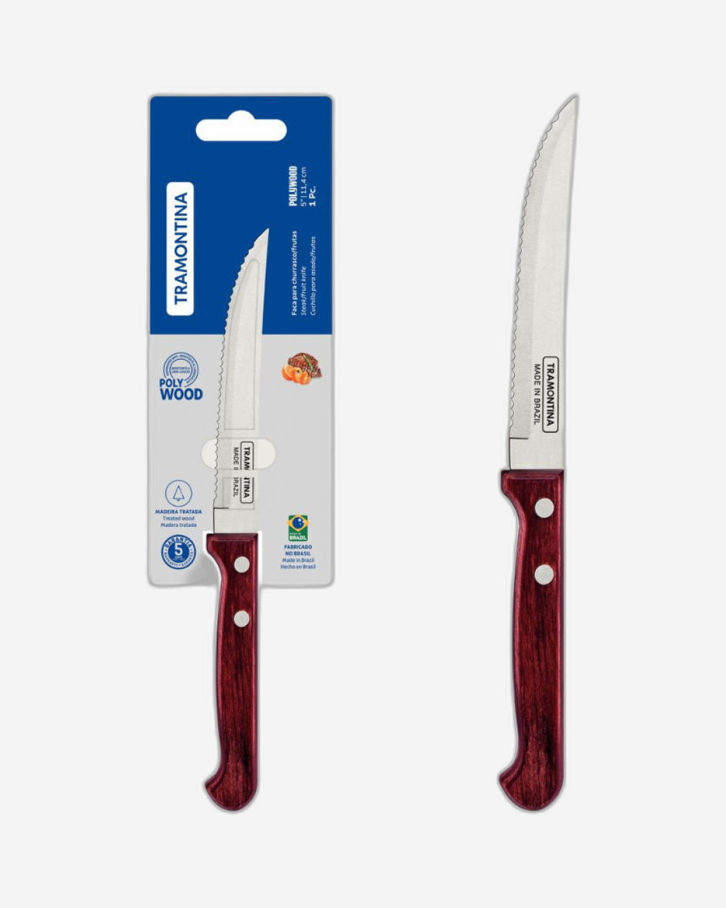 Tramontina Polywood 5" Steak and Fruit Knife with Stainless-Steel Blade and Red Treated Wood Handle