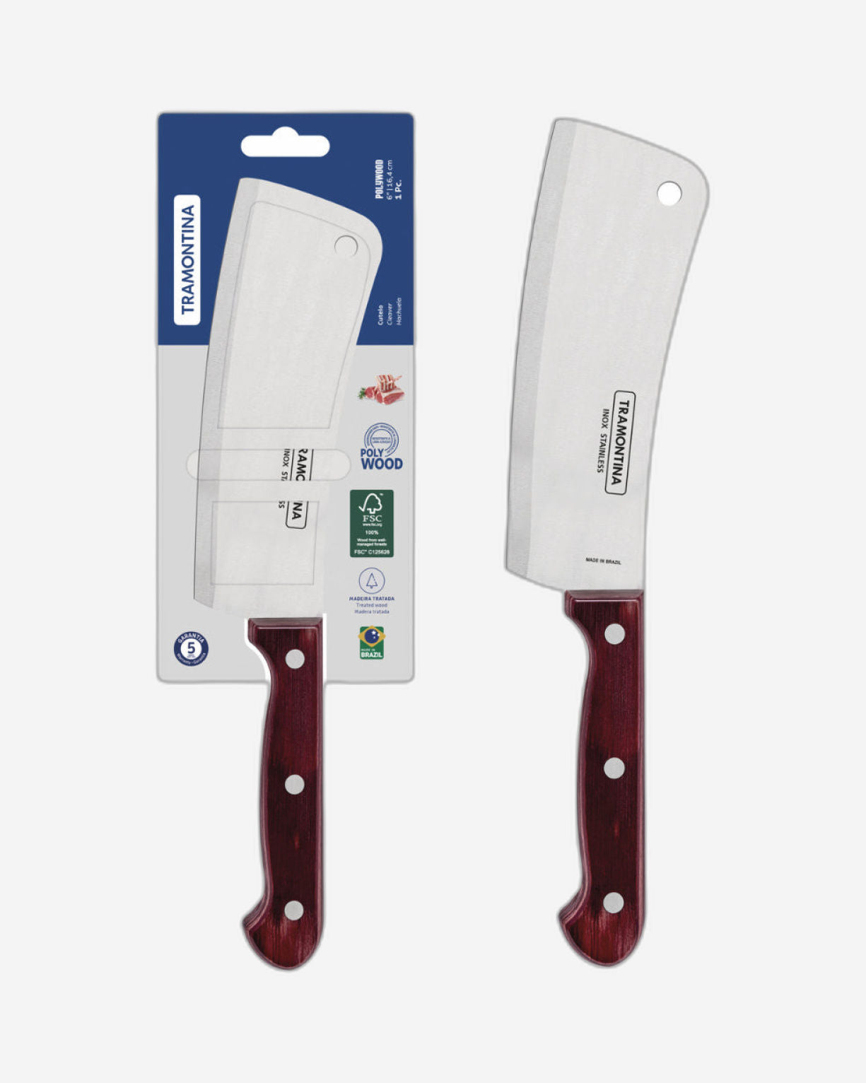 Tramontina Polywood 6" Cleaver with Stainless-Steel Blade and Red Treated Wood Handle