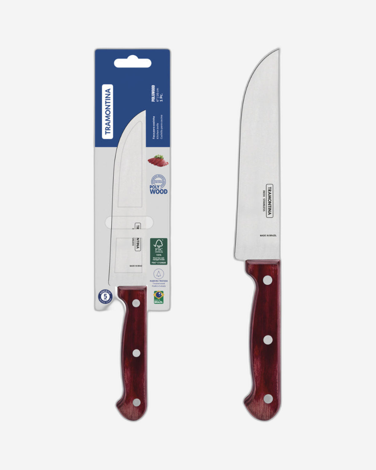 Tramontina Polywood 6" Kitchen Knife with Stainless-Steel Blade and Red Treated Wood Handle