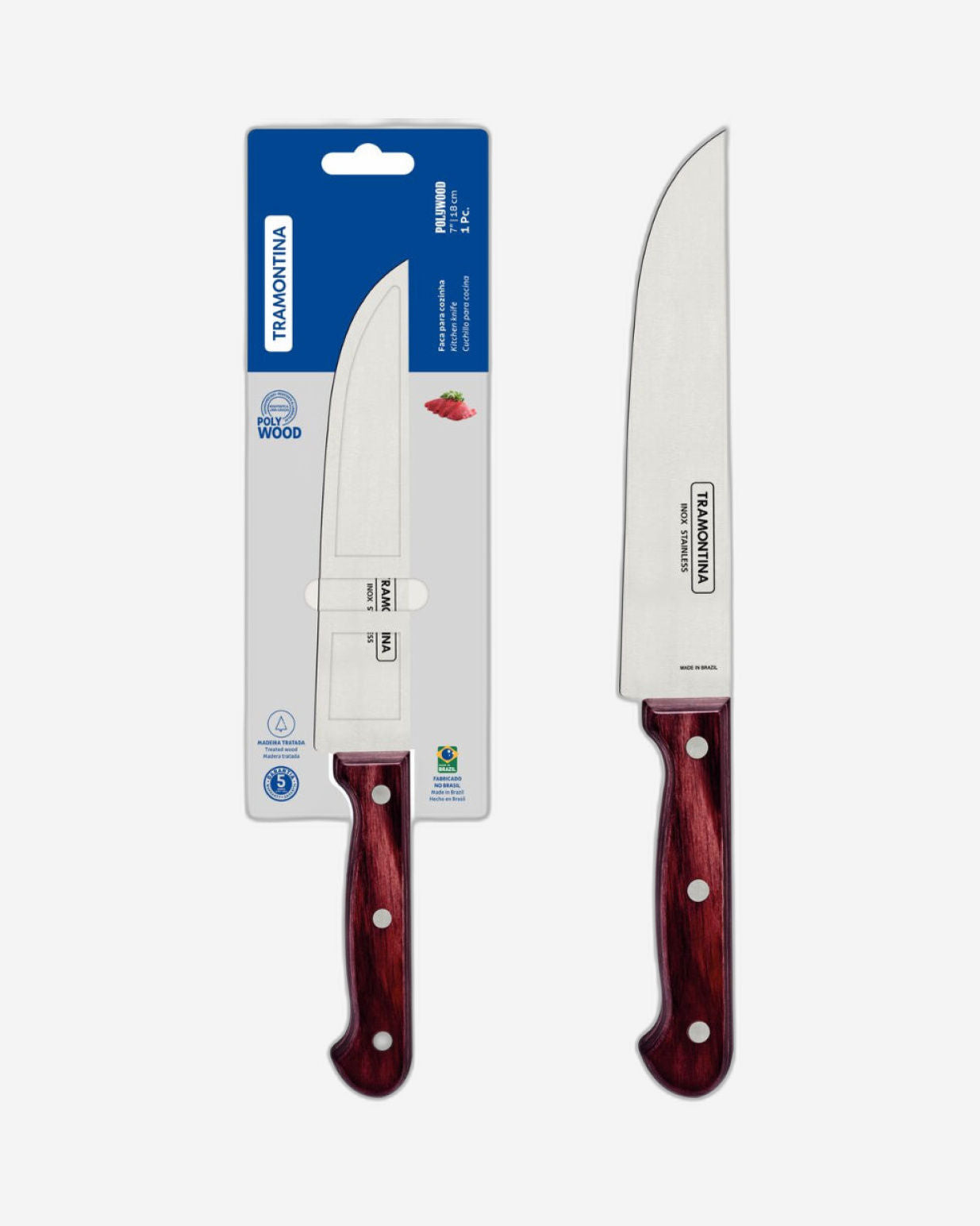 Tramontina Polywood 7" Kitchen Knife with Stainless-Steel Blade and Red Treated Wood Handle