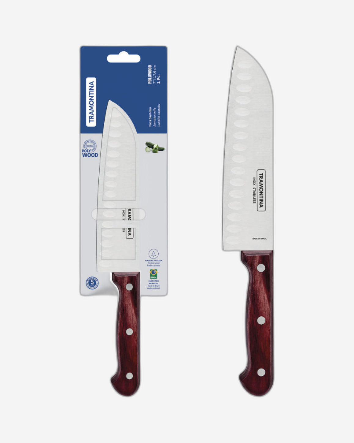Tramontina 7" Santoku Knife with Stainless-Steel Blade and Treated Red Polywood Handle