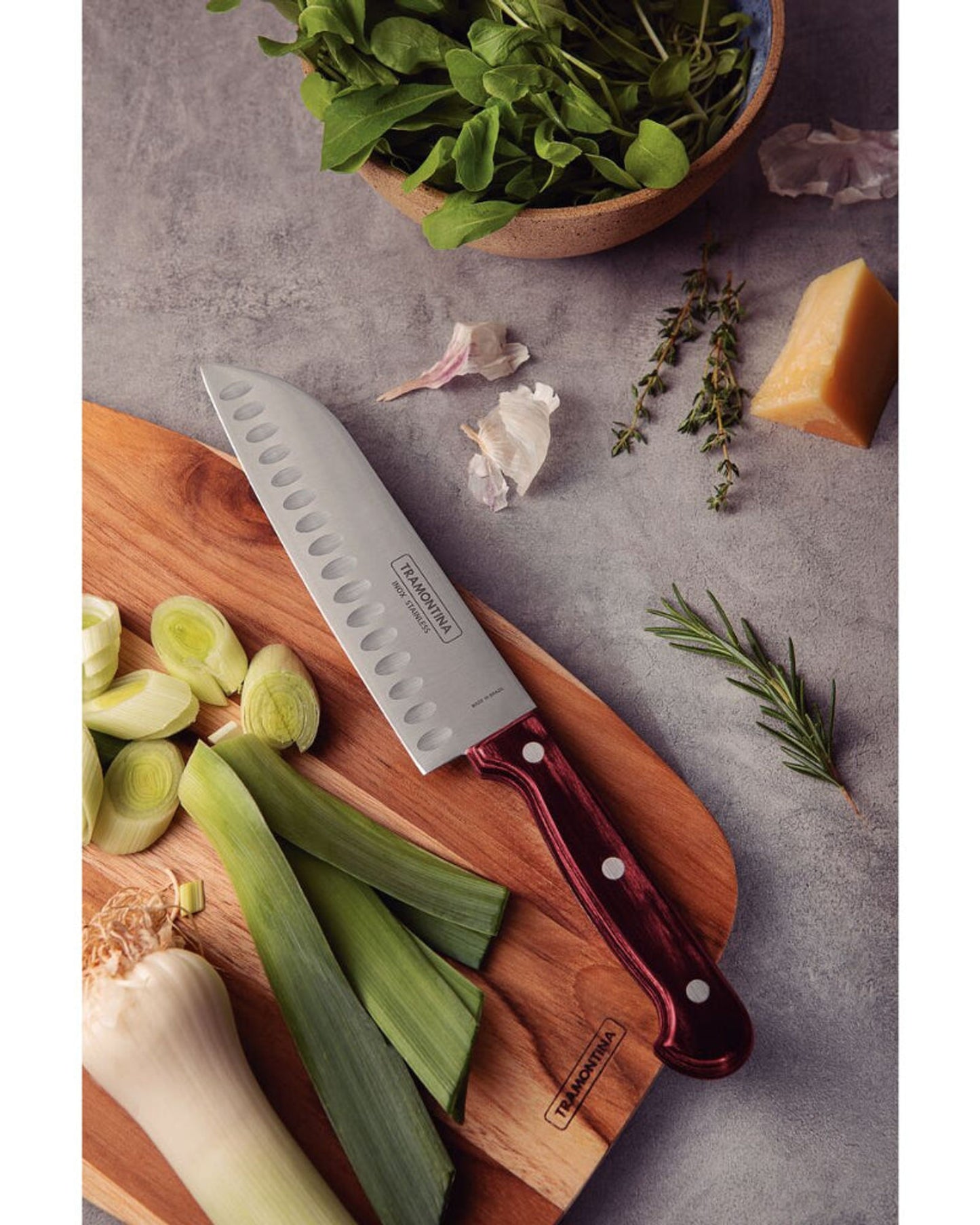 Tramontina 7" Santoku Knife with Stainless-Steel Blade and Treated Red Polywood Handle