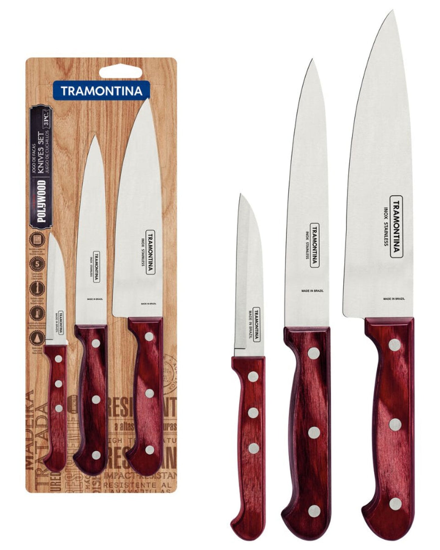Tramontina 3-Piece Knives Set with Stainless Steel Blades and Treated Red Polywood Handles