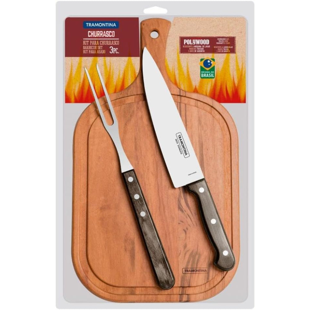 Tramontina Brazil  Churrasco 3-Pieces Barbecue Carving Set with Stainless Steel Blades and Treated Brown Polywood Handles and Wood Cutting Board