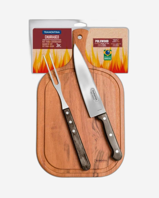 Tramontina Brazil  Churrasco 3-Pieces Barbecue Carving Set with Stainless Steel Blades and Treated Brown Polywood Handles and Wood Cutting Board