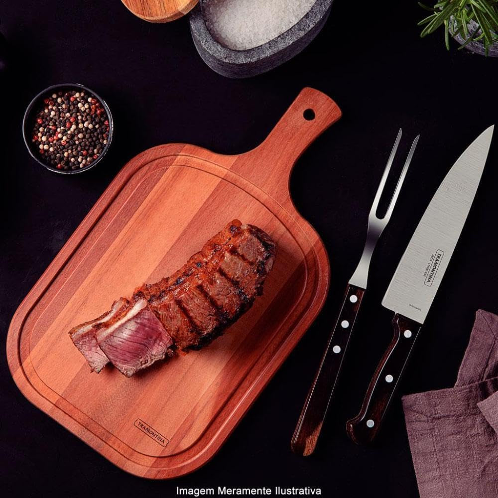 Tramontina Brazil  Churrasco 3-Pieces Barbecue Carving Set with Stainless Steel Blades and Treated Brown Polywood Handles and Wood Cutting Board