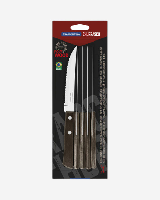 Tramontina 6-Piece Set of Steak Knives with Stainless-Steel Blades and Brown Polywood Handles