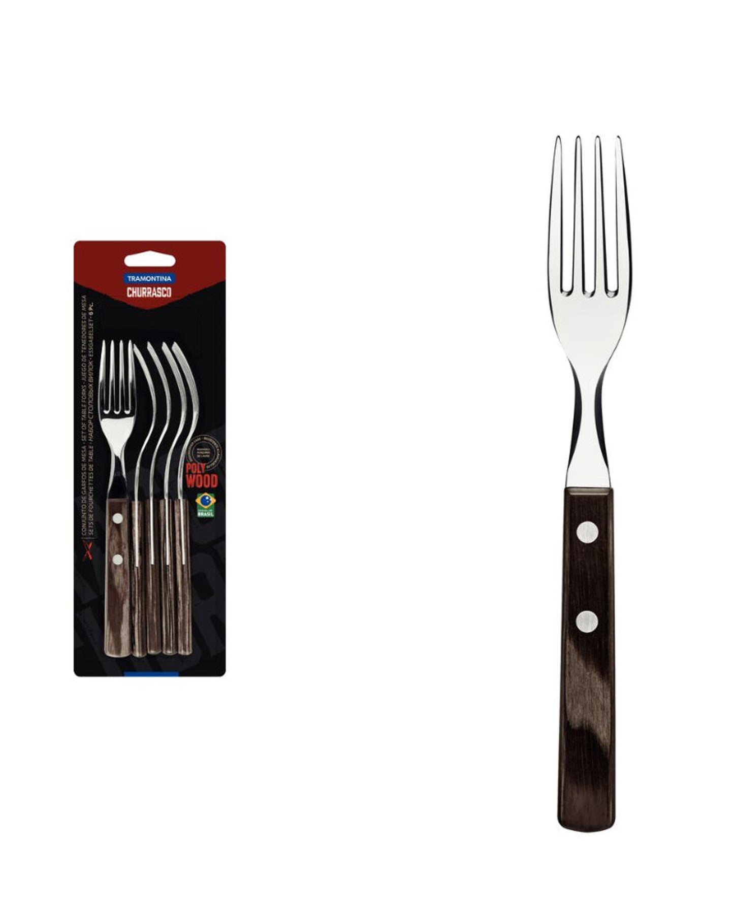 Tramontina 6-Piece Steak Fork Set with Stainless-Steel Blades and Treated Brown Polywood Handles