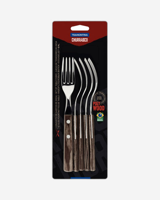 Tramontina 6-Piece Steak Fork Set with Stainless-Steel Blades and Treated Brown Polywood Handles