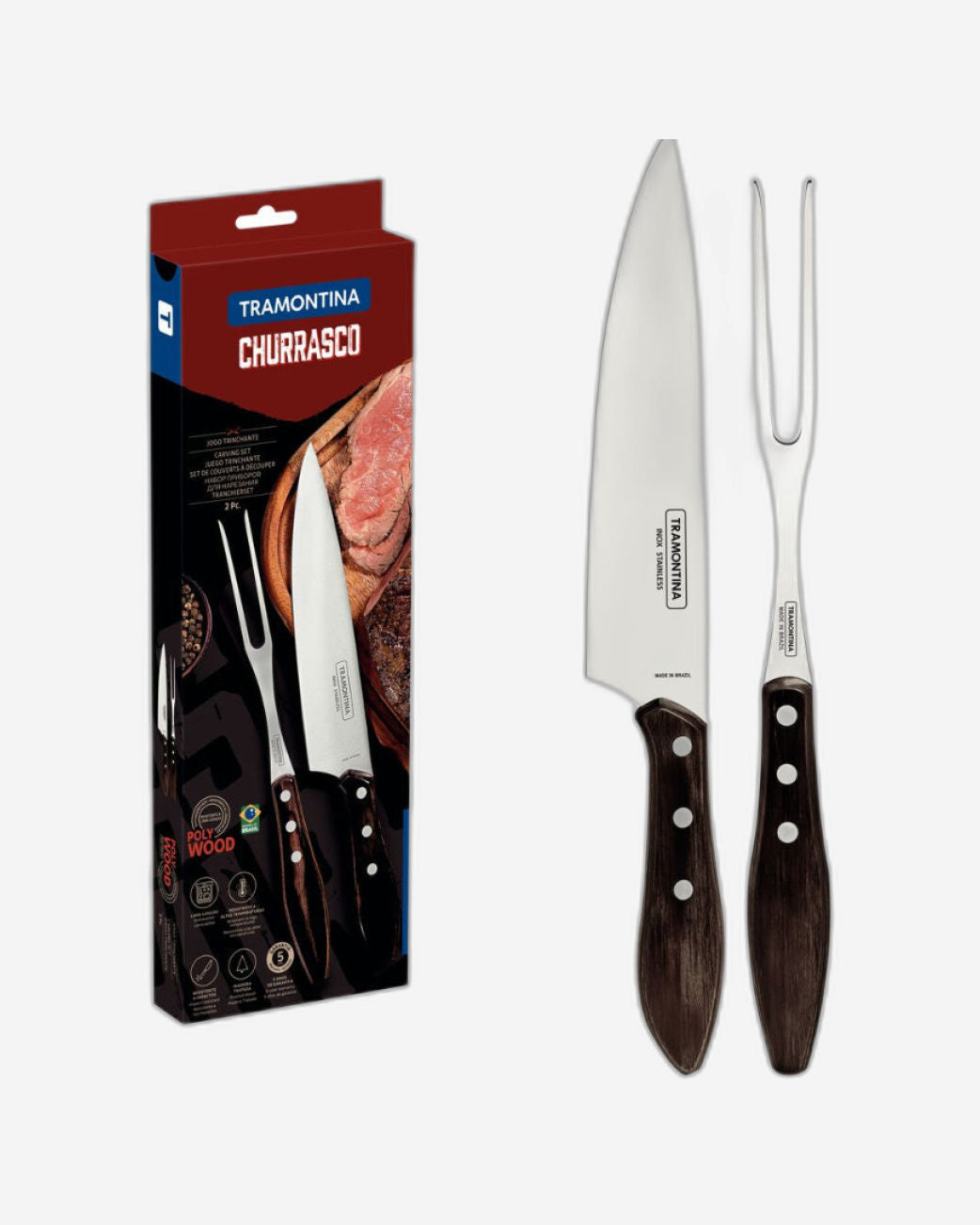 Tramontina 2-Piece Carving Set with Stainless-Steel Blades and Treated Polywood Brown Handles