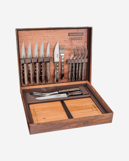 Tramontina Brazil  Churrasco 15-Pieces Barbecue Set with Stainless Steel Blades and Treated Brown Polywood Handles with Cardboard Box