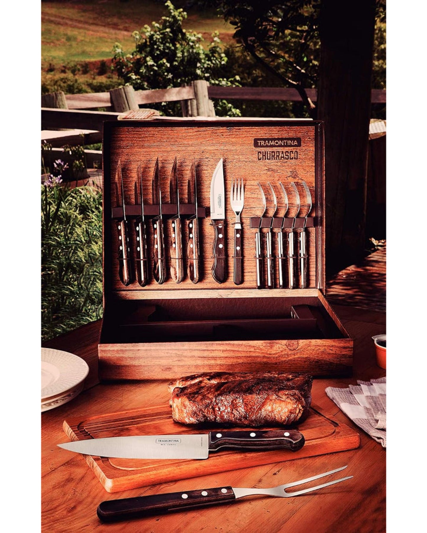 Tramontina Brazil  Churrasco 15-Pieces Barbecue Set with Stainless Steel Blades and Treated Brown Polywood Handles with Cardboard Box